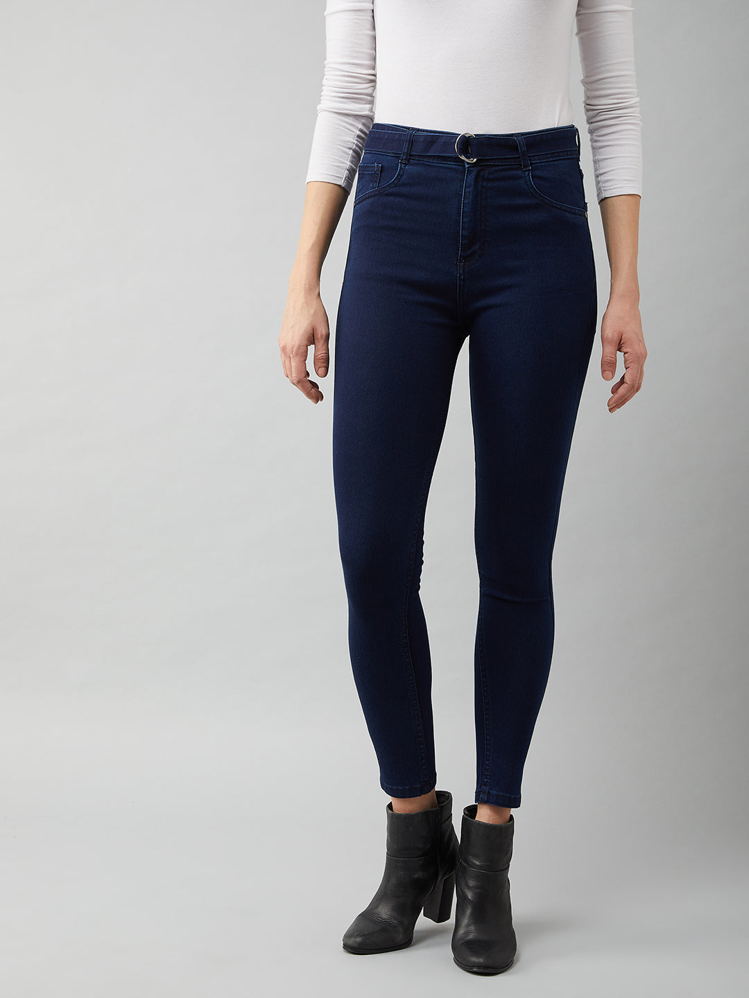 Women's Navy Blue Cotton Skinny Fit Relaxed High Rise Regular Length Stretchable Denim Jeans