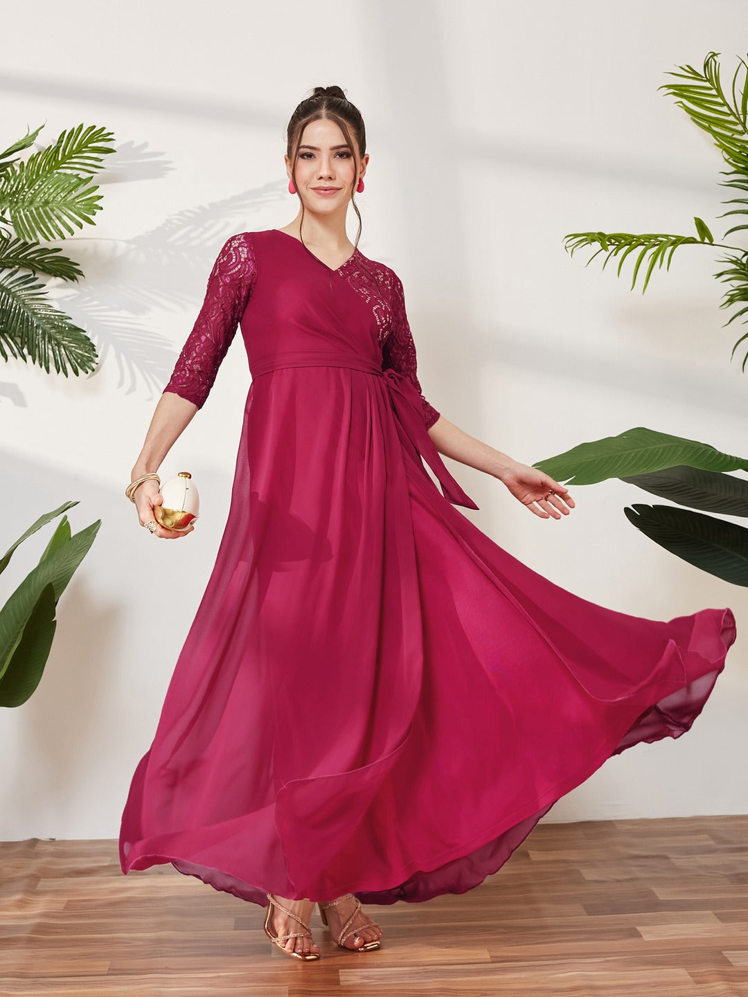 Dark Pink Colored V-Neck Three-Quarter Sleeve Self-Designed Wrap Maxi Georgette Dress for Women