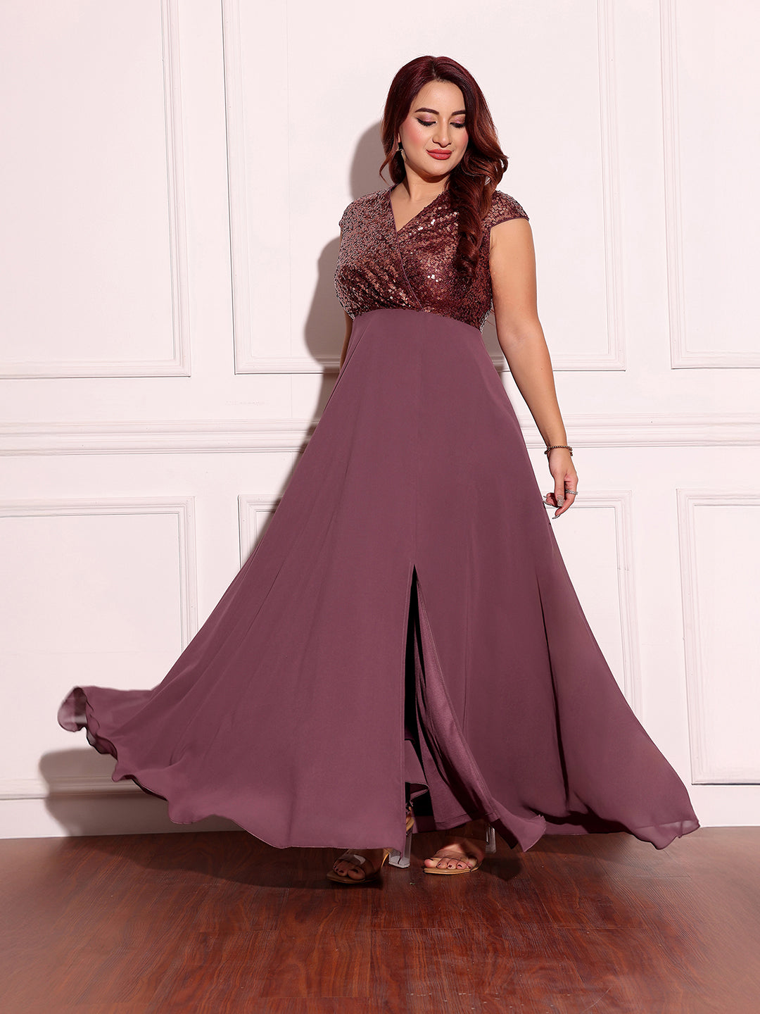 Women's Mauve & Wine V-Neck Sleeveless Embellished Wrap Maxi Dress
