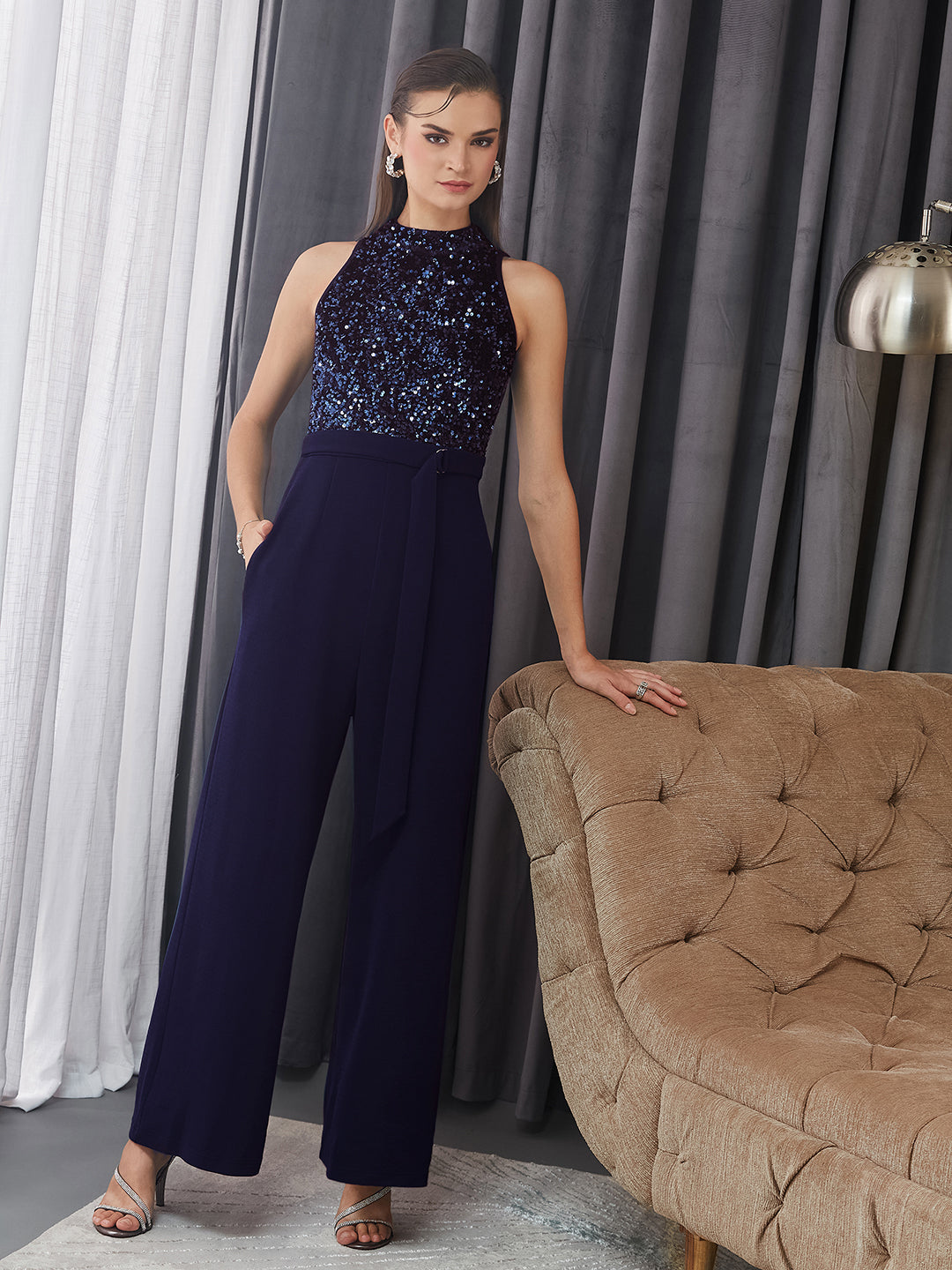 Women's Navy Blue Halter Neck Sleeveless Embellished Regular-Length Jumpsuit