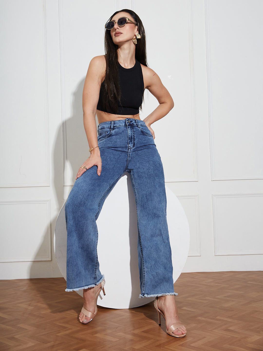 Women's Mid-Blue Wide-Leg High Rise Regular-Length Stretchable Denim Jeans