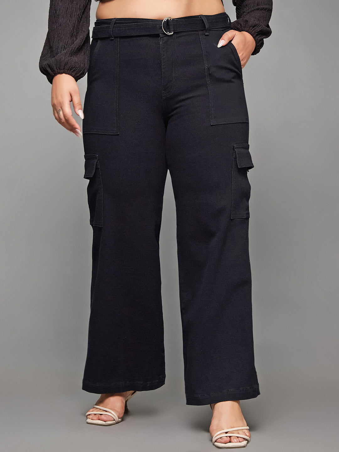 24/7 Comfort Women's Black Wide leg High rise Clean look Regular Stretchable Denim Jeans