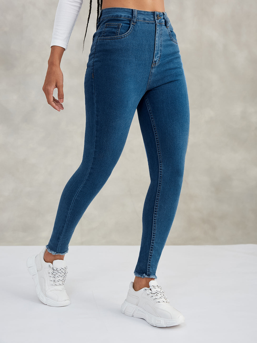 Women's Blue Skinny High-Rise Cropped-Length Fringe Detailing Stretchable Denim Jeans