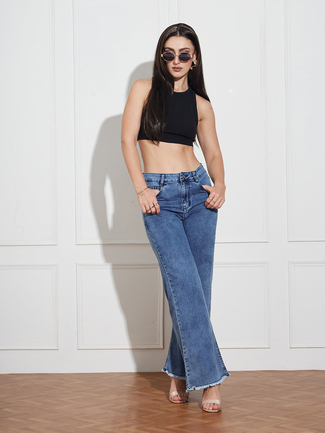 Women's Mid-Blue Wide-Leg High Rise Regular-Length Stretchable Denim Jeans