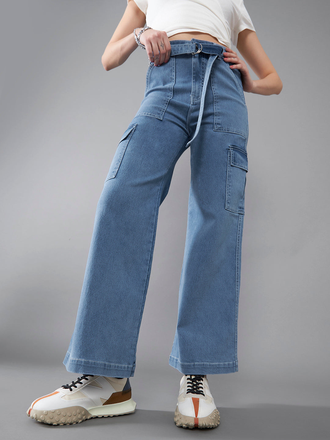 24/7 Comfort Women's Mid Blue Wide Leg High Rise Stretchable Cargo Denim Jeans