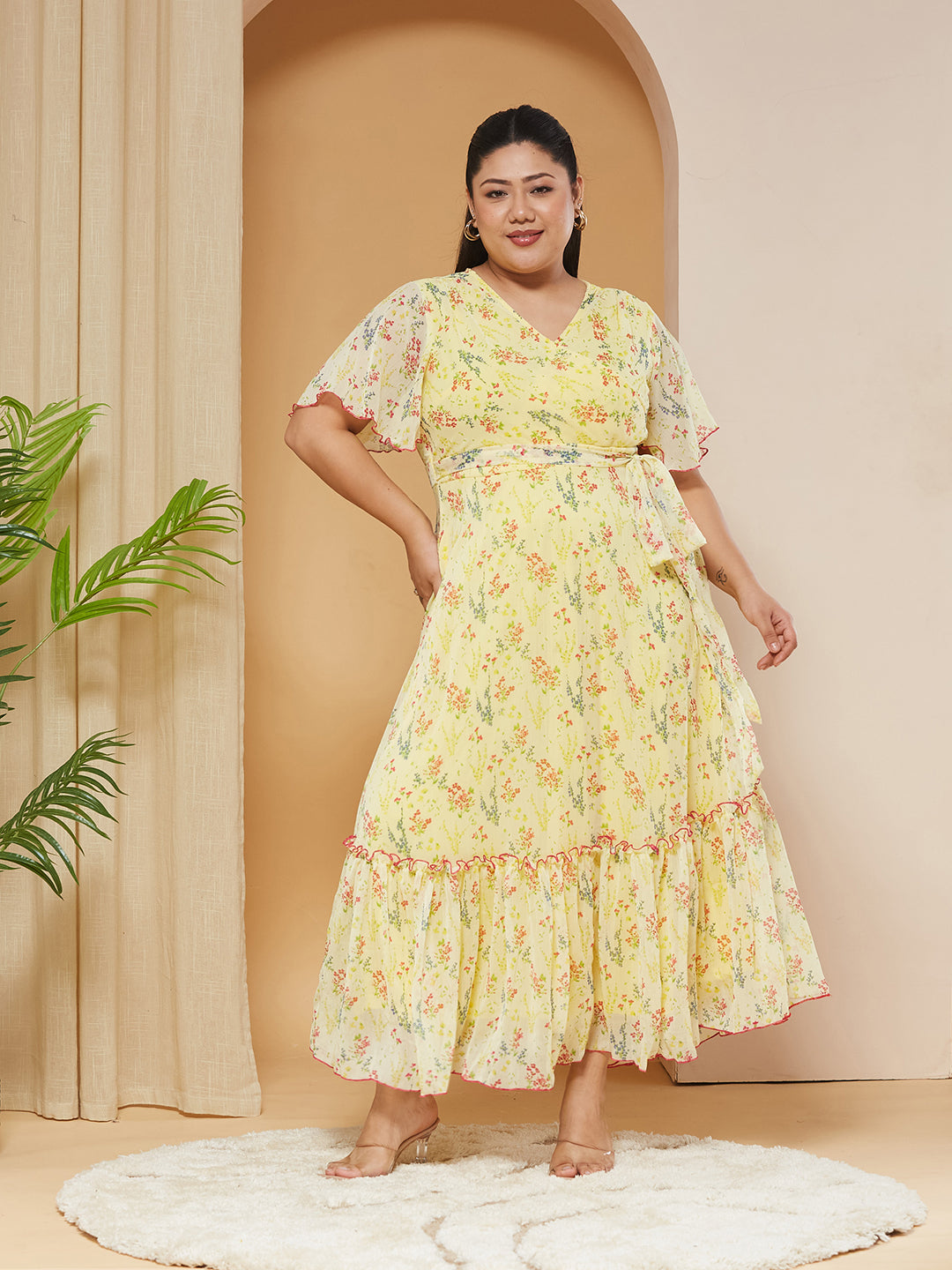 Multicolored-Base-Yellow V-Neck Flared-Sleeves Floral Wrap Maxi Dress for Women