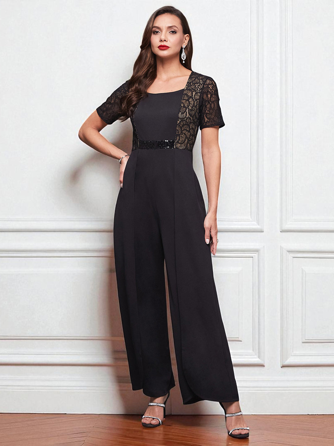 Women's Black Square-Neck Half-Sleeve Self-Designed Panelled Regular-Length Polyester Jumpsuit
