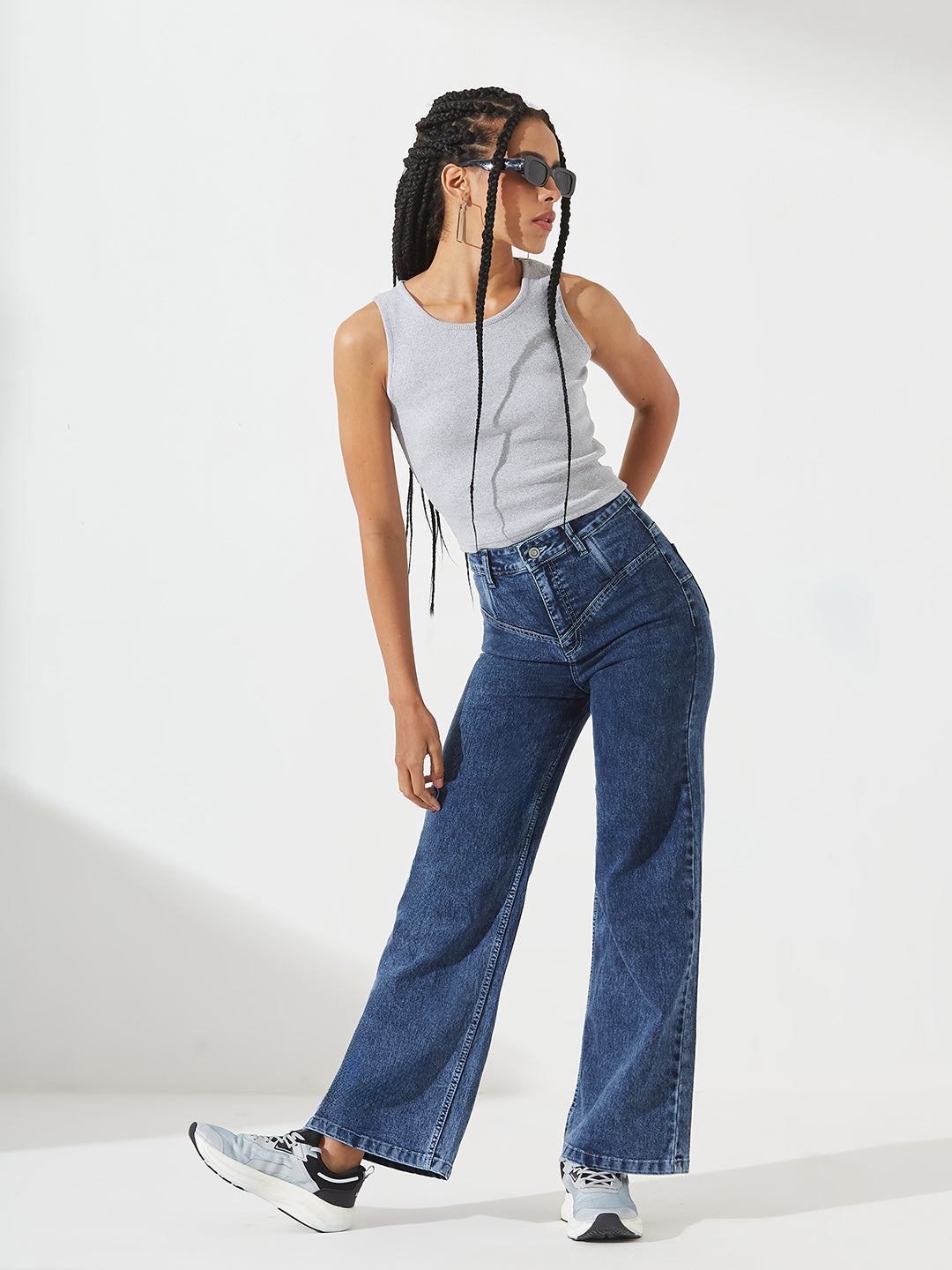 Blue High-Rise Stretchable Denim Wide-Leg Shaping Jeans For Women