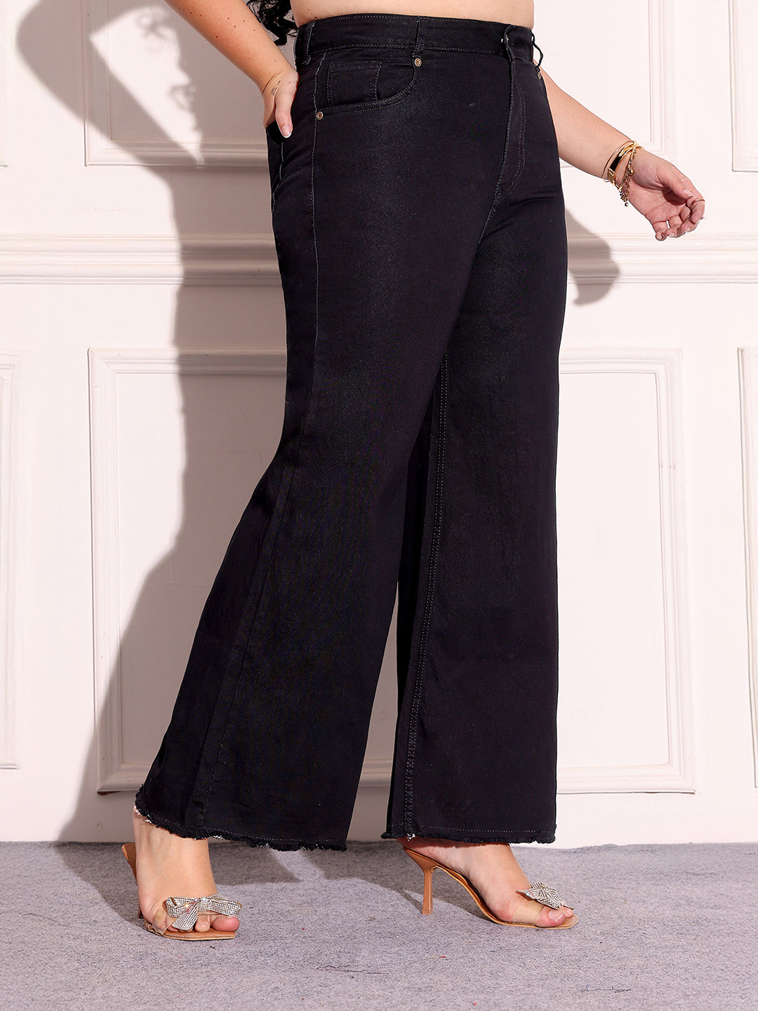 Women's Black High-Rise Stretchable Wide-Leg Denim Jeans