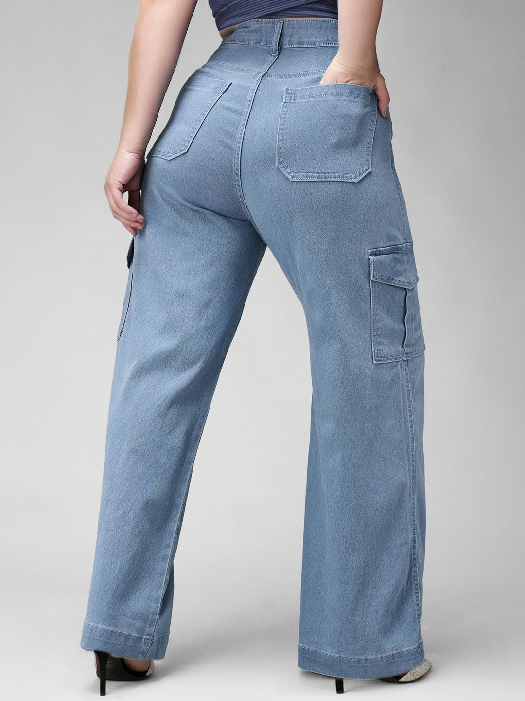 Blue Wide leg High rise Regular Stretchable Denim Jeans for Women