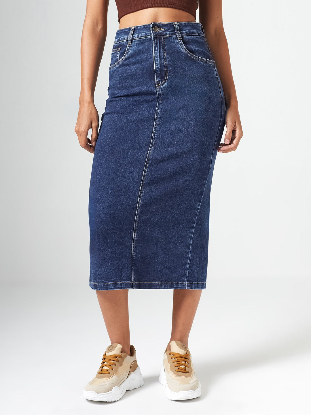 CHASEshape™ Dark Blue High-Rise Stretchable Denim Midi Skirt with Back Slit for Women