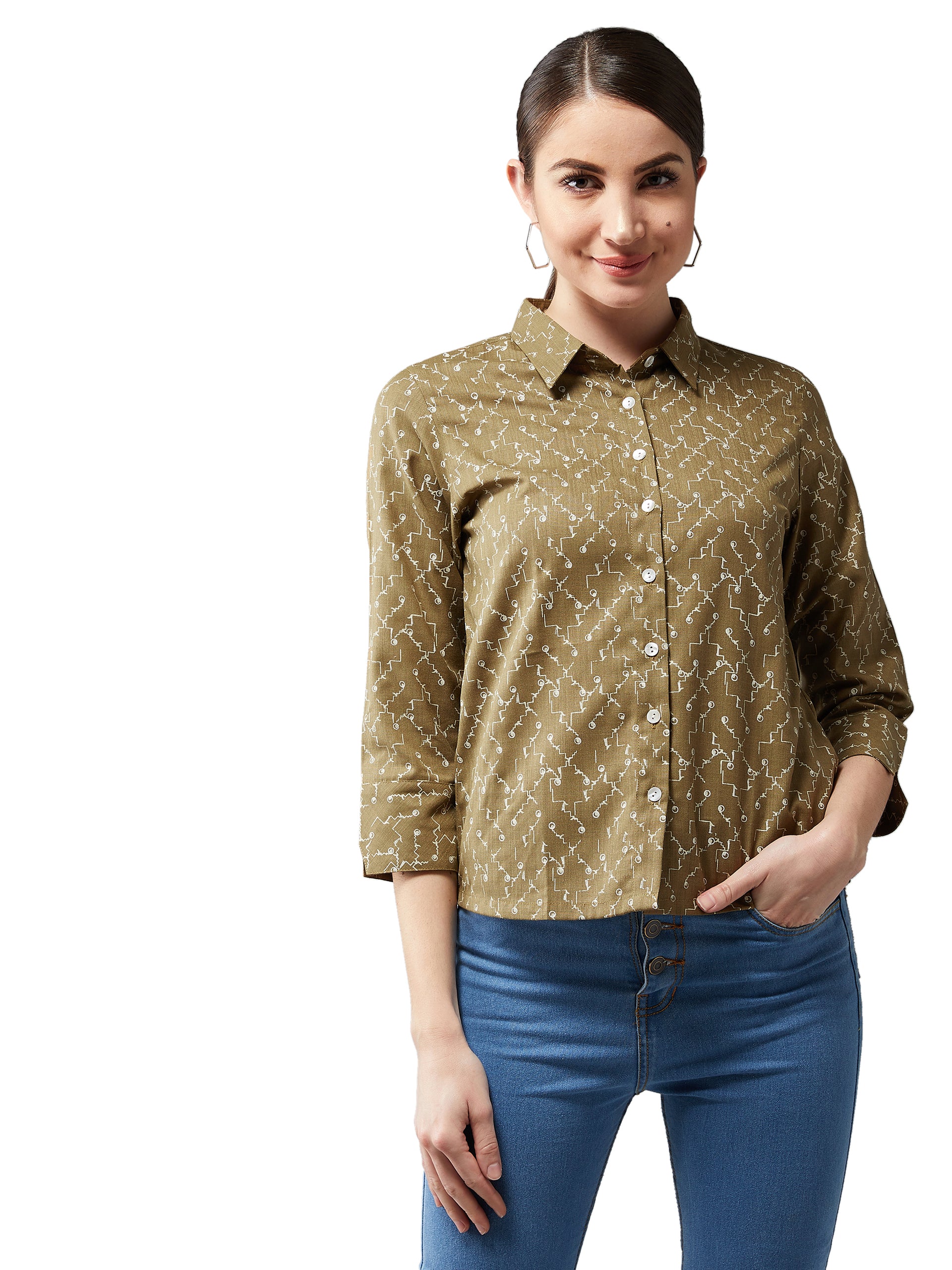 Women's Multicolored-Base Olive Green Collared 3/4 Sleeves Printed Basic Regular Length Shirt