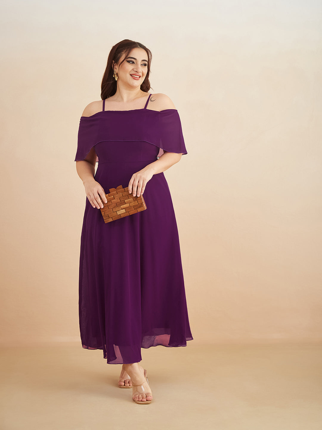 Purple Bardot Style Sleeveless Spaghetti Strap Solid Off Shoulder Midi Skater Dress for Women