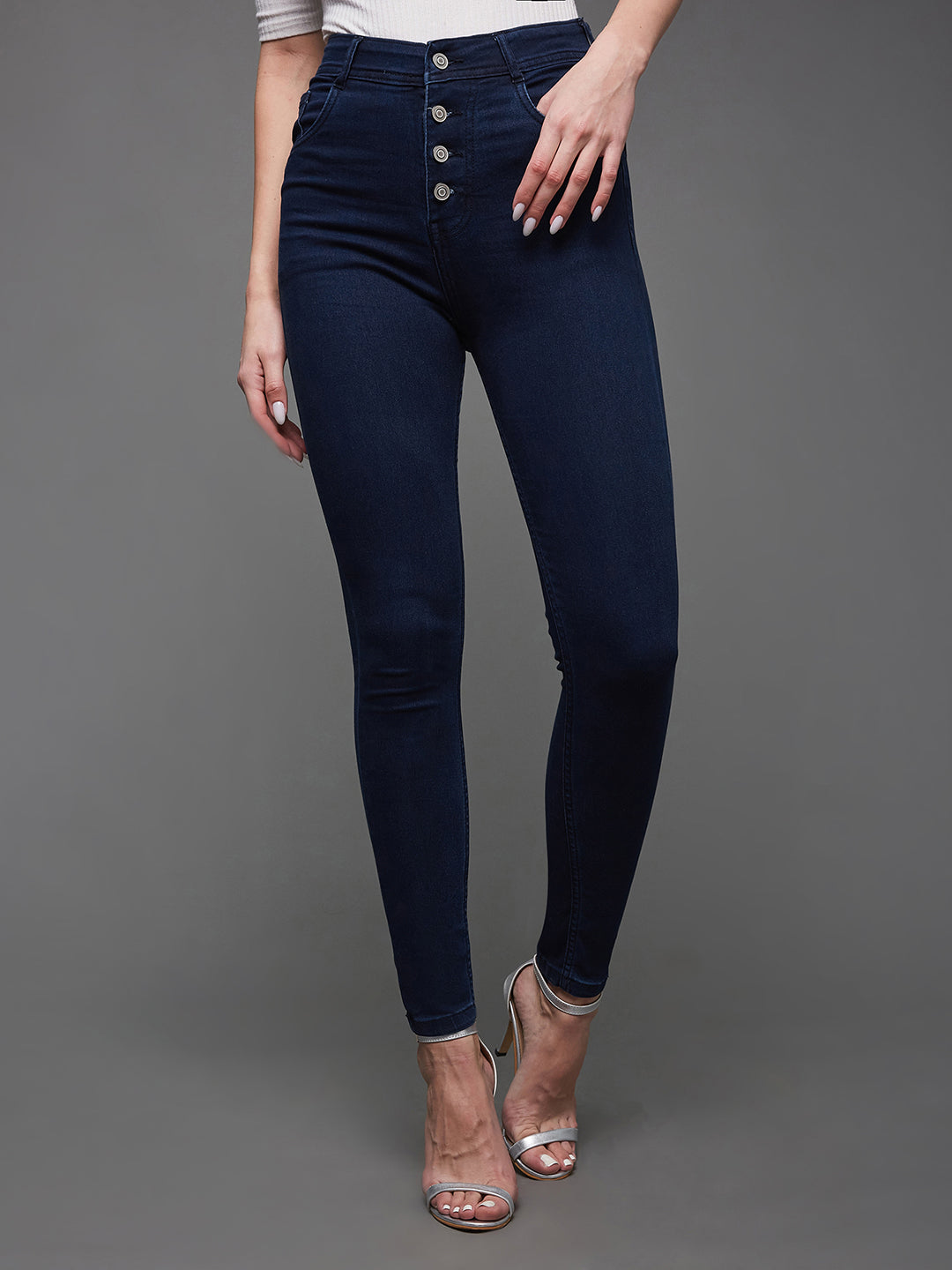 Women's Navy Blue Skinny Fit High Rise Regular Length Clean Look Stretchable Denim Jeans