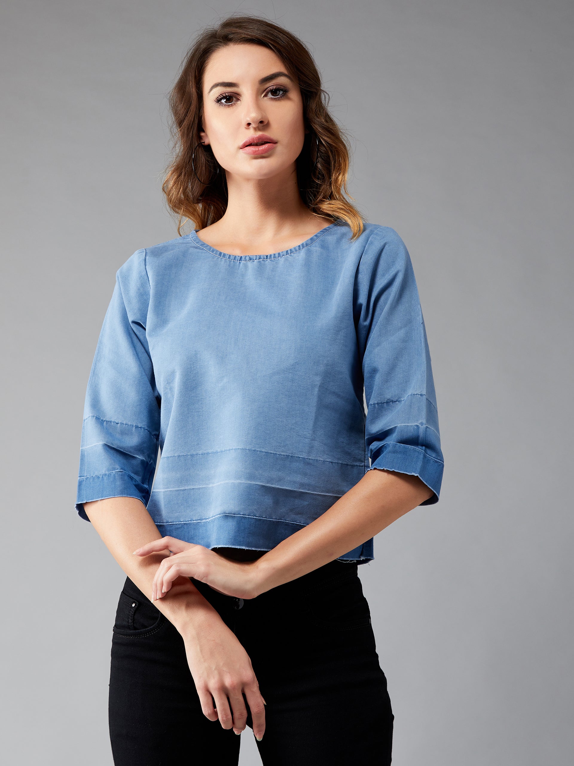 Women's Blue Denim Round 3/4 Sleeve Ombre Shaded Solid Crop Top