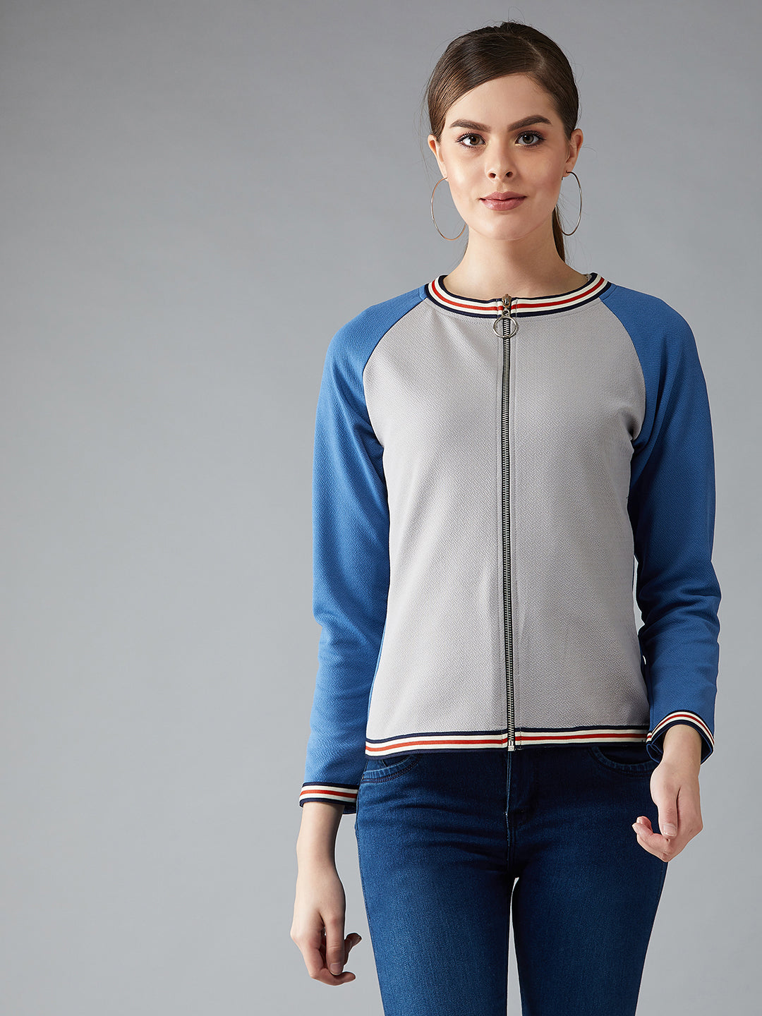 Women's Multicolor-Base Azure Blue Round Neck Full Sleeves Solid Boxy Color-blocked Regular Length Jacket