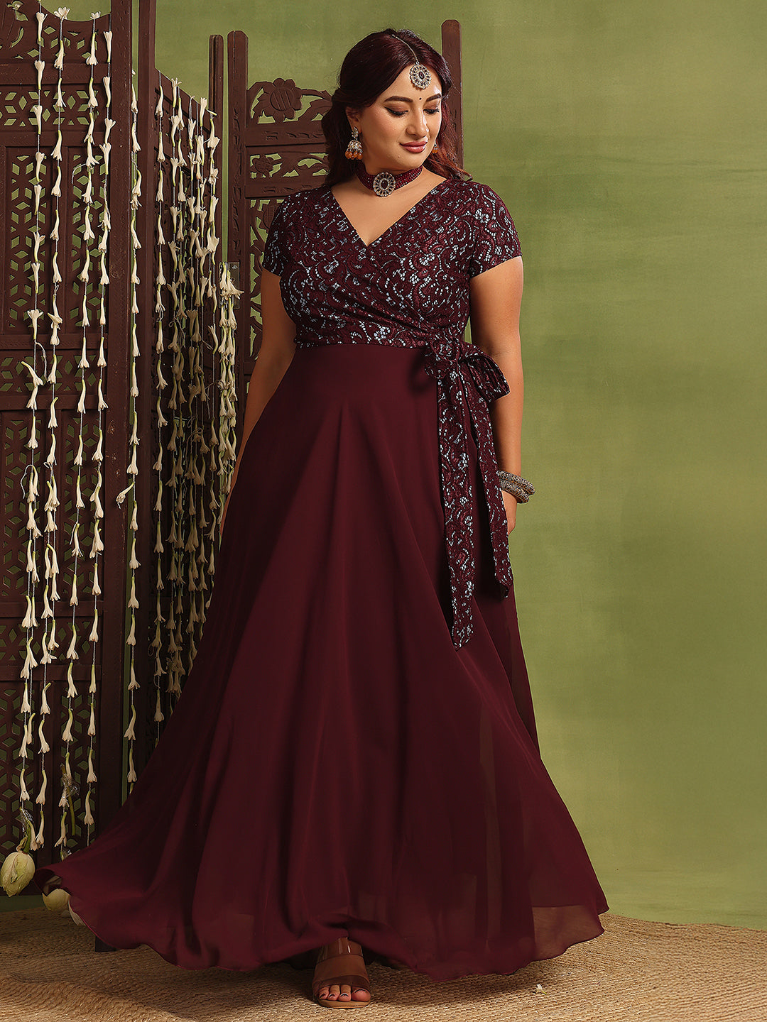 Women's Wine Colored V-Neck Short-Sleeved Self Designed Lace-Overlaid Maxi Georgette Dress