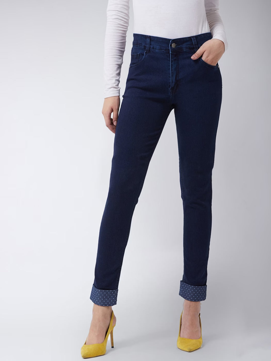 Women's Navy Blue Skinny Fit Mid Rise Cropped Printed Turner Detailing Length Denim Stretchable Jeans