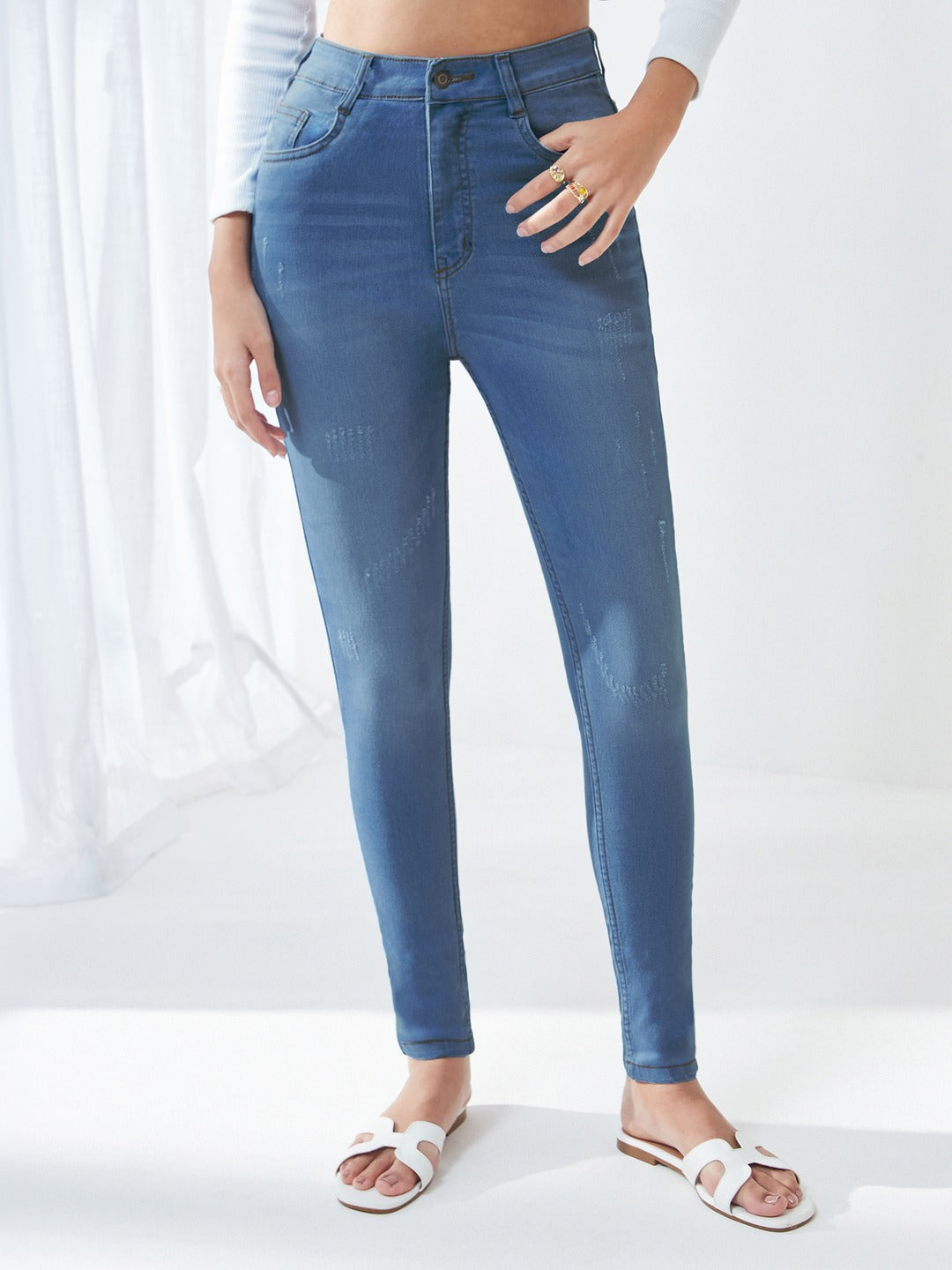 Blue Skinny High Rise Mild Distress Regular Stretchable Denim Jeans for Women