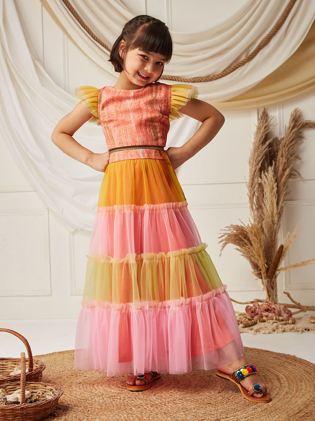Multicolored-Base-Peach Round-Neck Frilled Sleeve Embellished Fit & Flare Regular Fusion Set