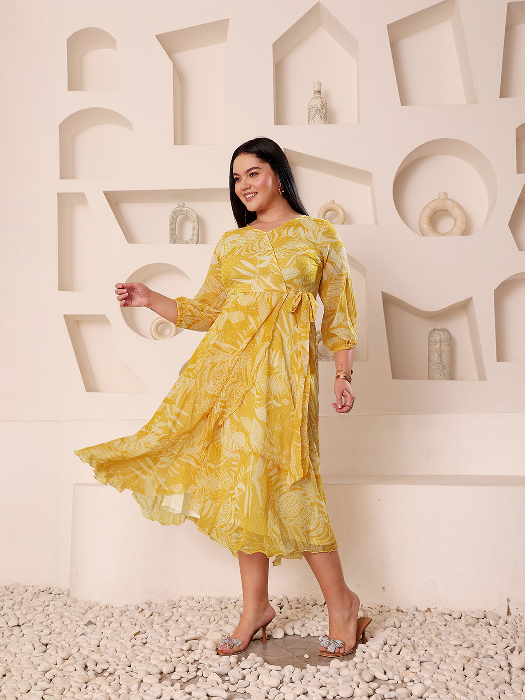 Women's Yellow & White V-Neck Full-Sleeves Floral Layered Maxi Dress