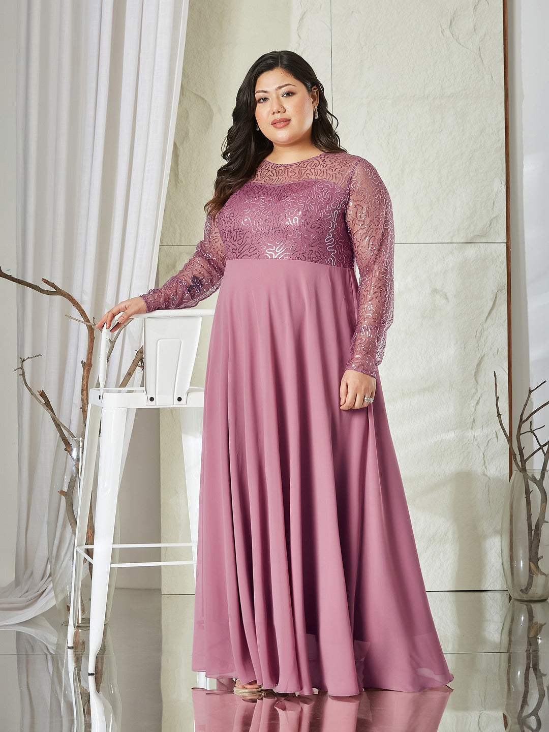 Dusty Lavender Solid Embellished Maxi Dress for Women