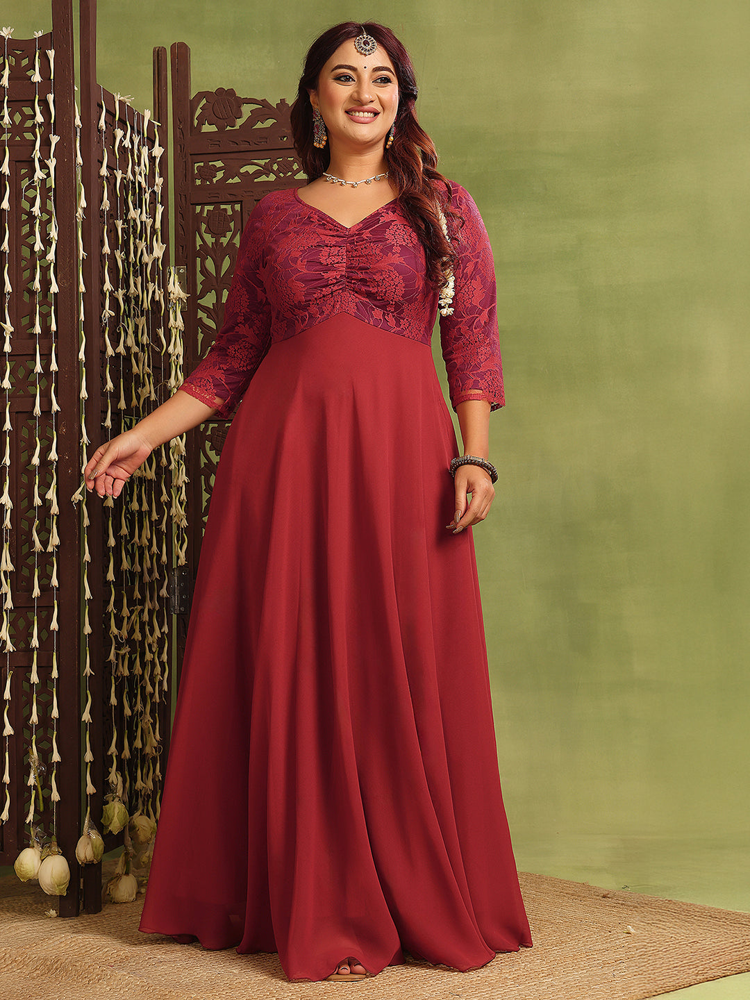 Women's Brick Red Sweetheart-Neck Three-Quarters Sleeve Self-Design Fit & Flare Maxi Dress