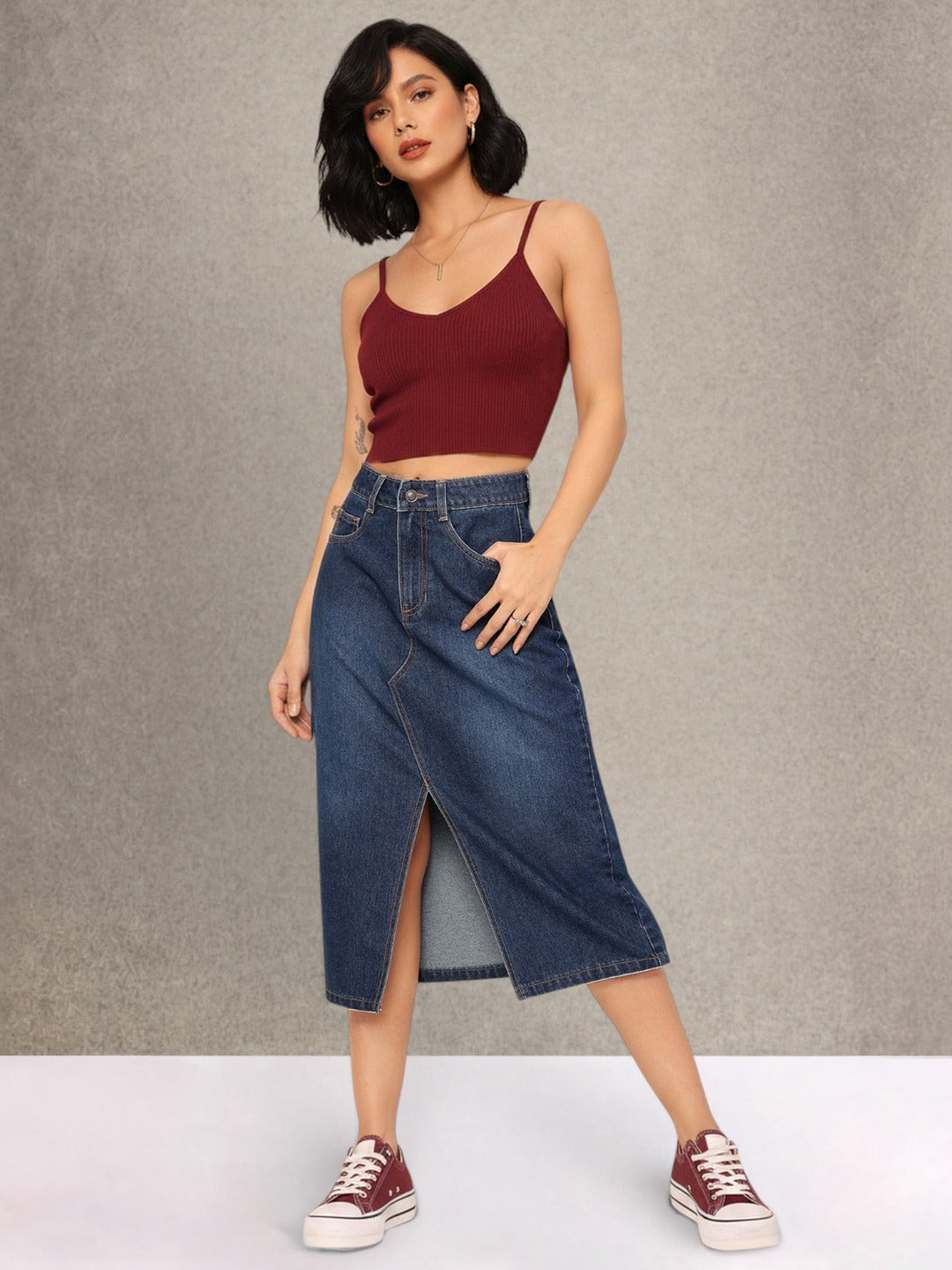 Dark Blue A-Line High-Rise Non-stretchable Denim Midi Skirt for Women