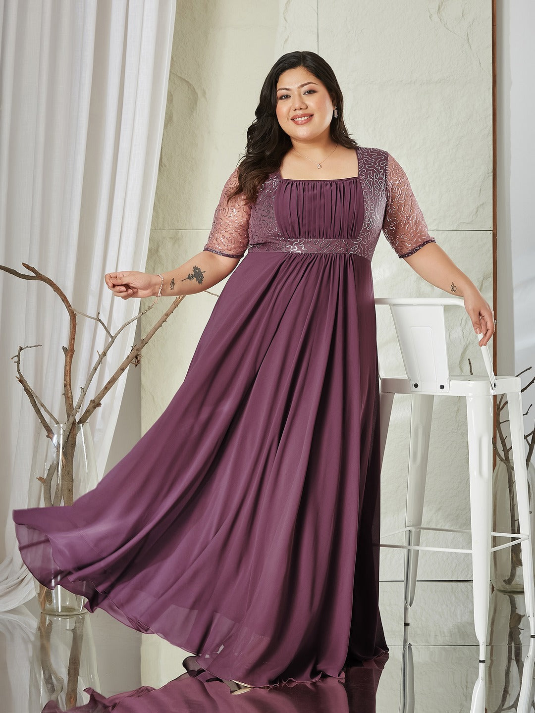 Mauve Square Neck Half Sleeve Solid Embellished Maxi Dress for Women
