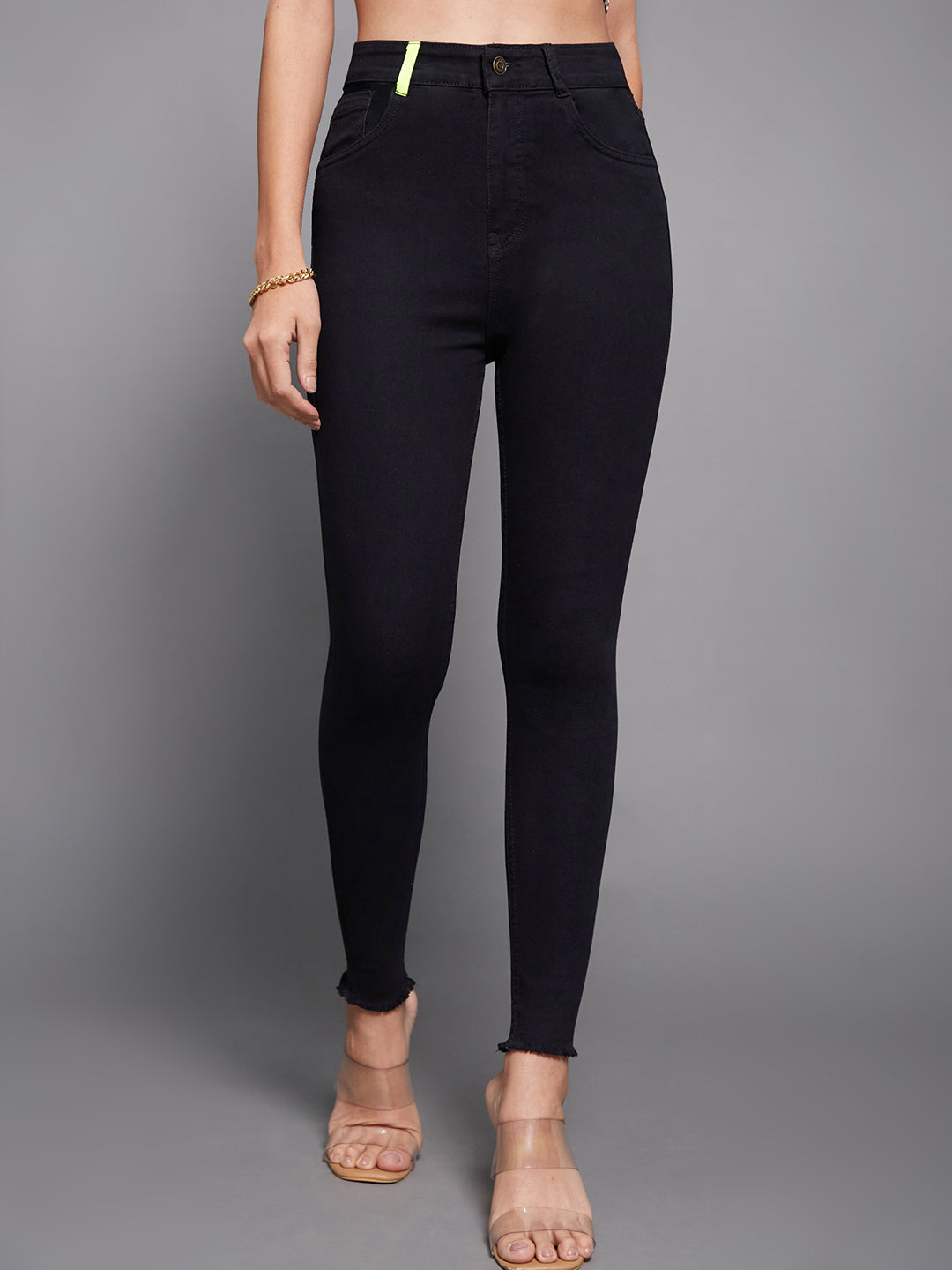 Women's Black Cotton Skinny Fit Cropped High Rise Stretchable Denim Jeans