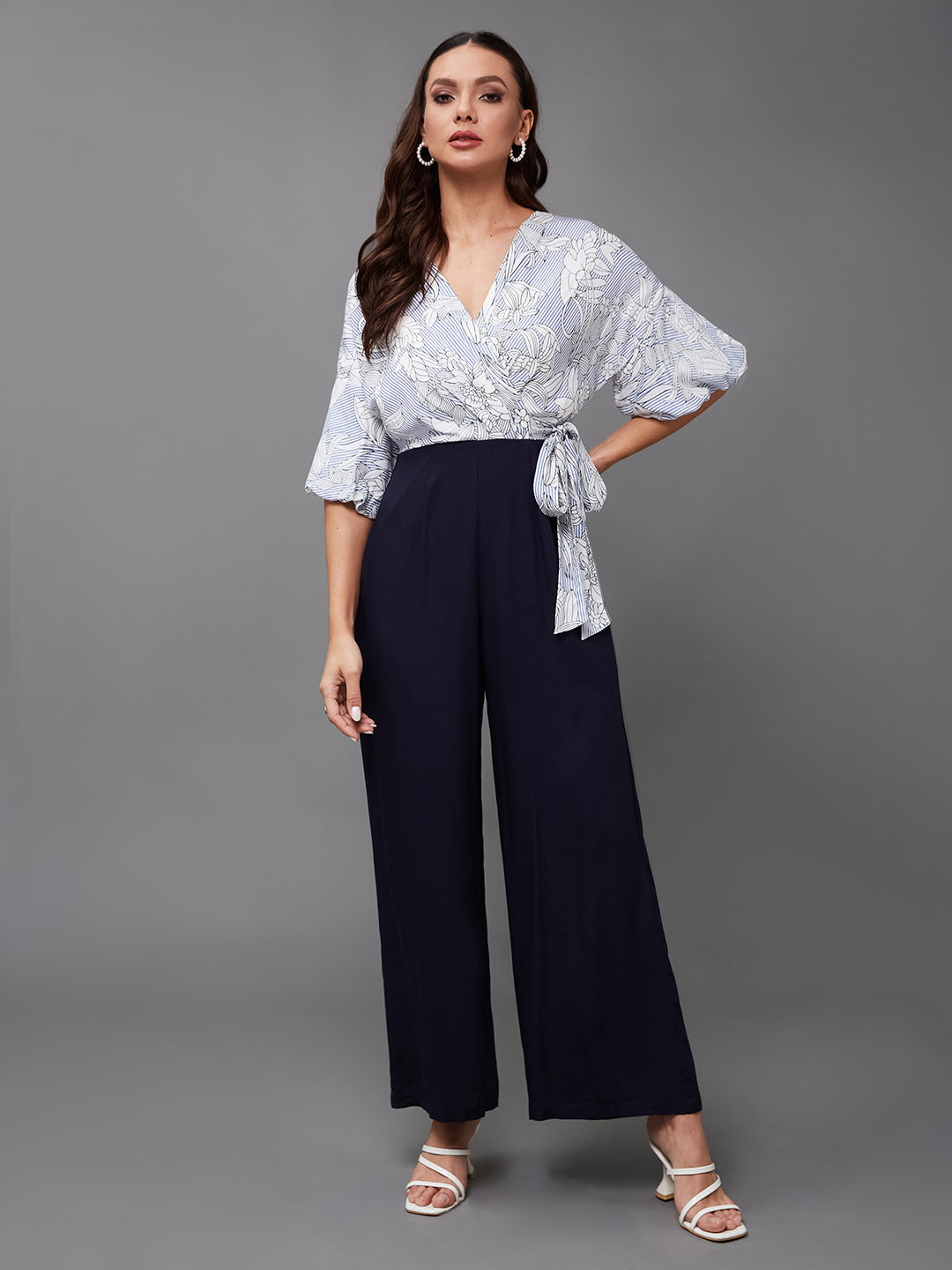 Women's Multicolored Base Navy Blue V-Neck 3/4 Sleeve Floral Wrap-Styled Jumpsuit