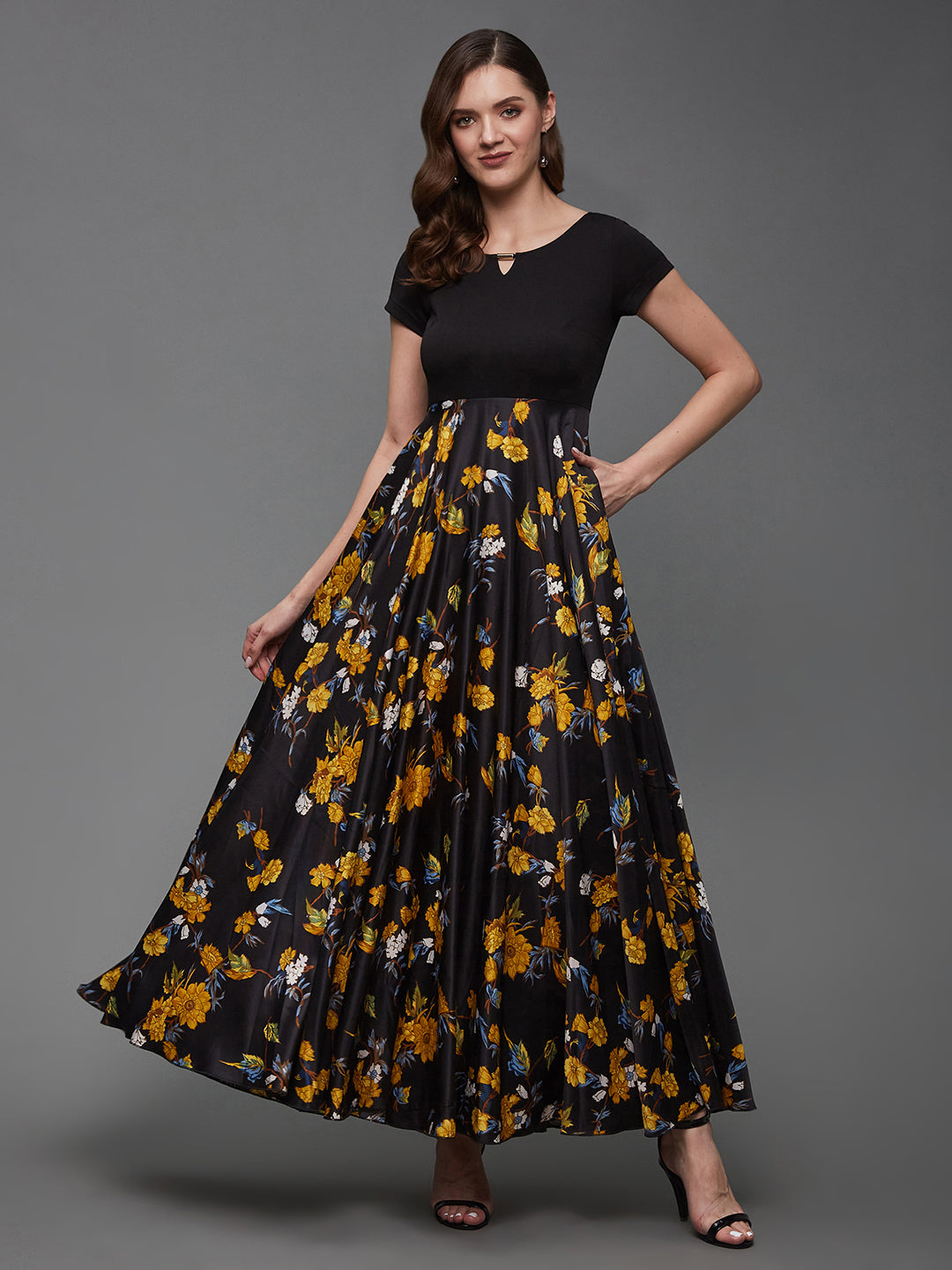 Women's Multicolored-Base-Black Keyhole Neck Short Sleeve Floral Polyester Fit & Flare Maxi Dress