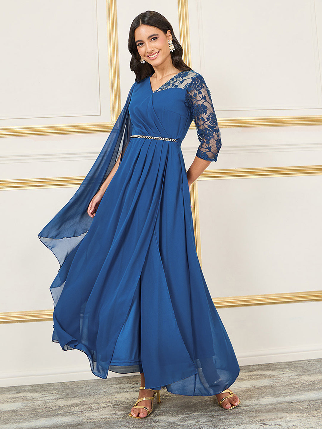 Women's Royal Blue V-Neck Asymmetric Embellished Maxi Georgette Dress