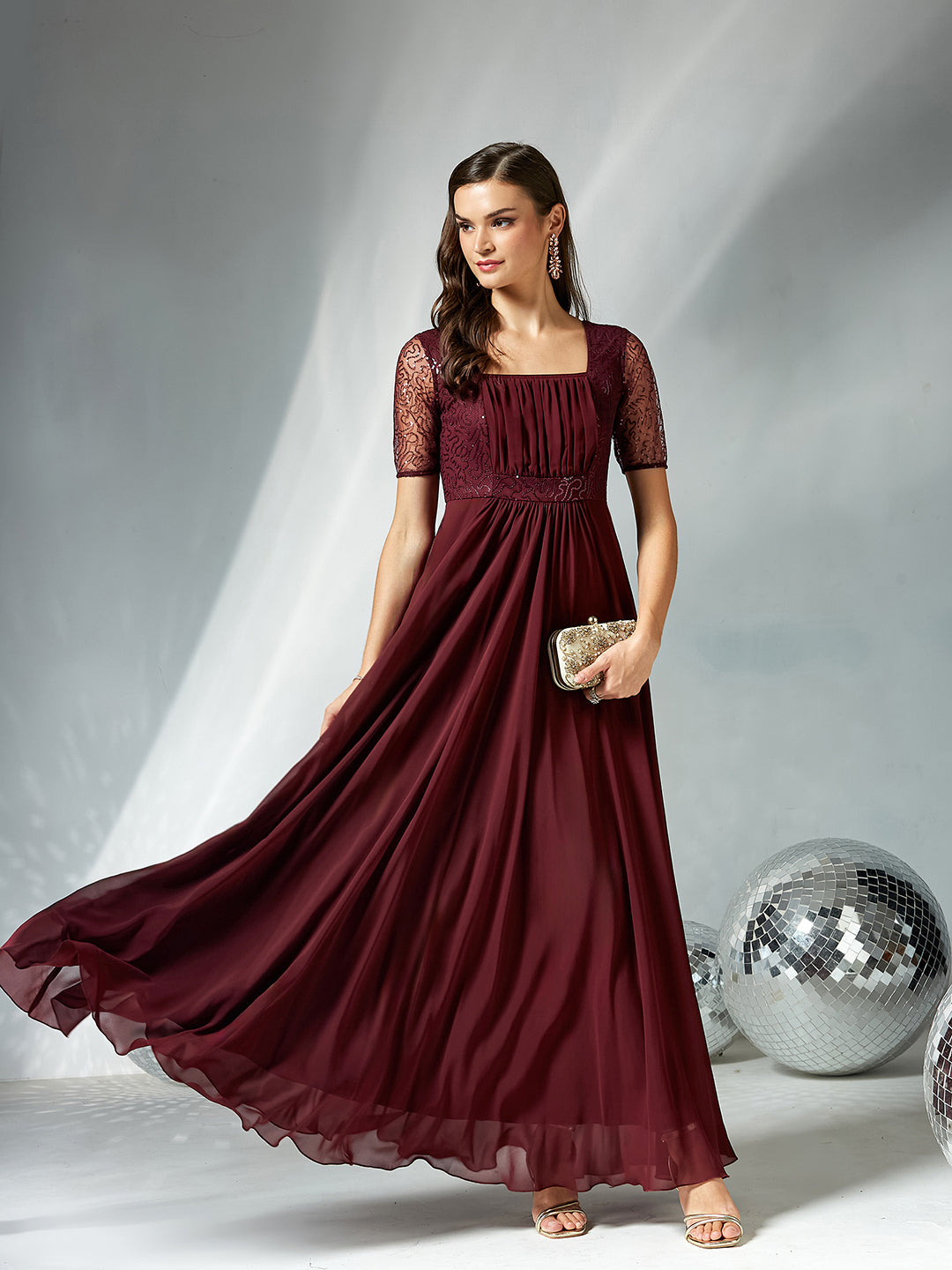 Women's Wine Square Neck Half Sleeve Solid Embellished Maxi Dress