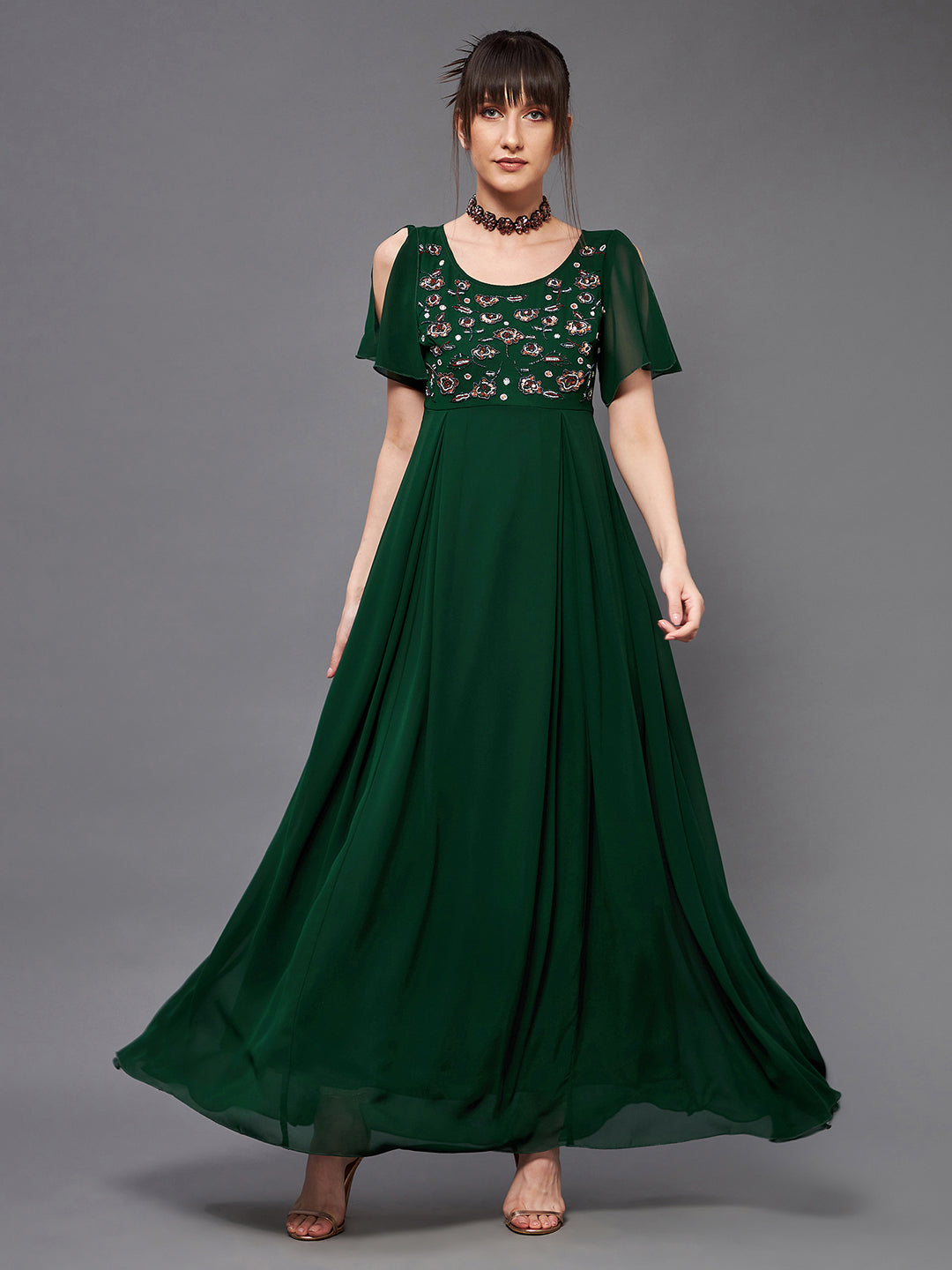 Women's Dark Green Round Short Slit Sleeve Solid Embellished Georgette Maxi Dress