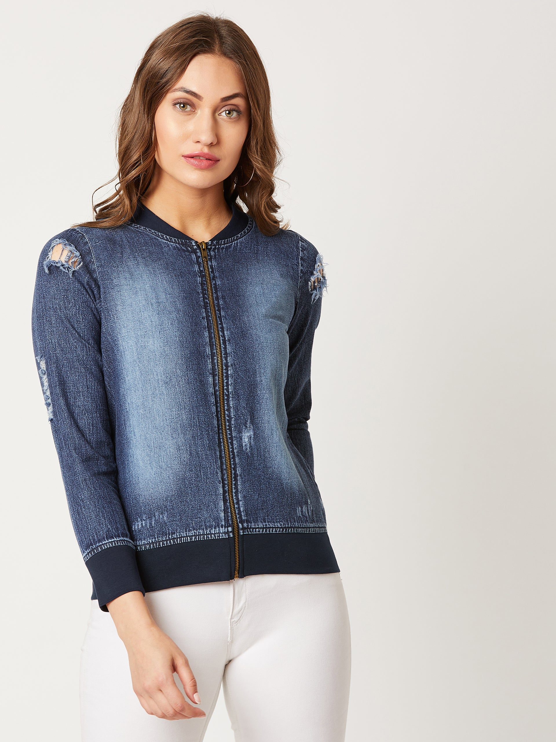 Women's Navy Blue V-Neck Full Sleeve Solid Ripped Bomber Regular Length Denim Jacket