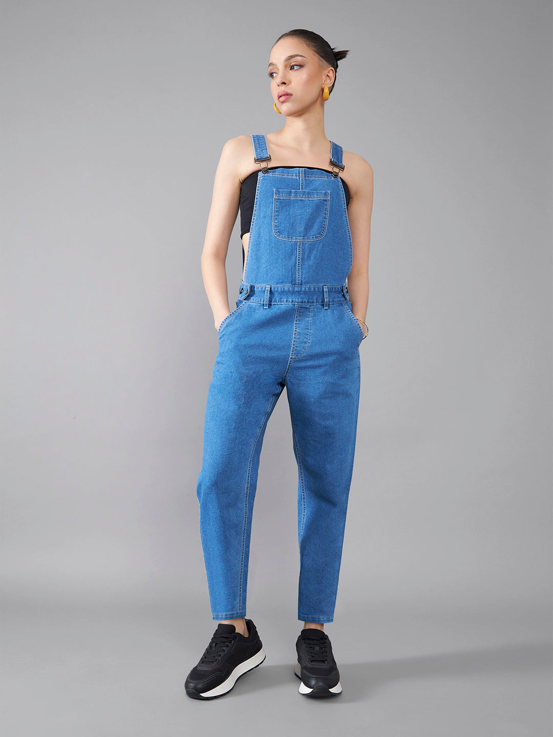 Women's Blue Regular Fit Mid Rise Regular Length Denim Dungaree