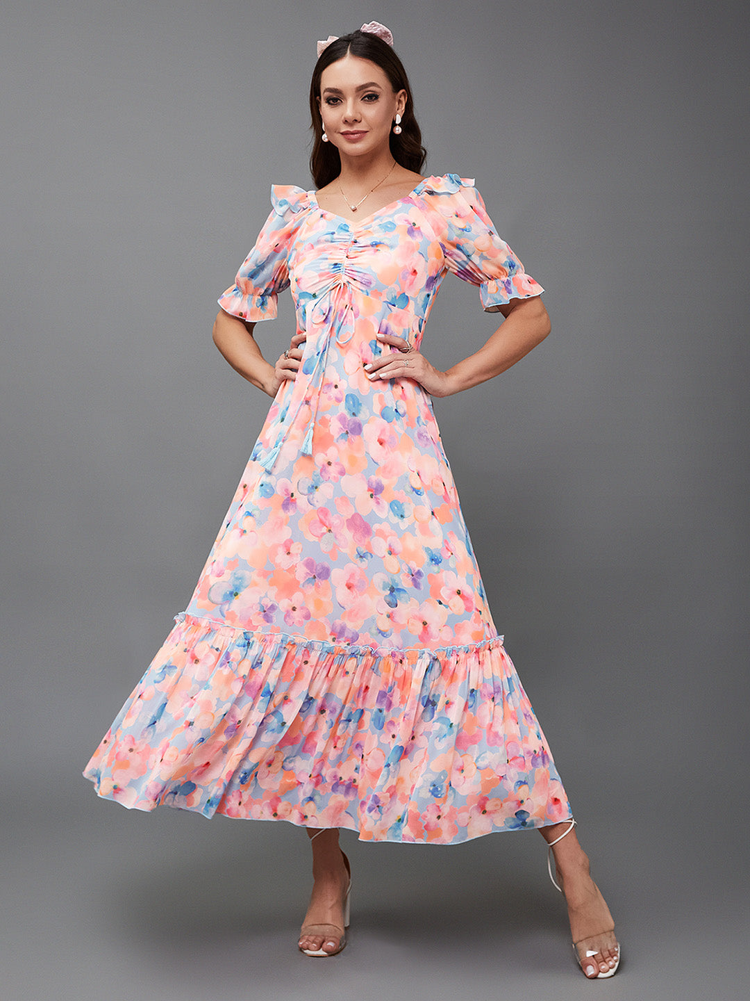 Women's Multicolored-Base-Sky Blue V-Neck Puff Sleeve Floral Ruching Ankle-Length Dress