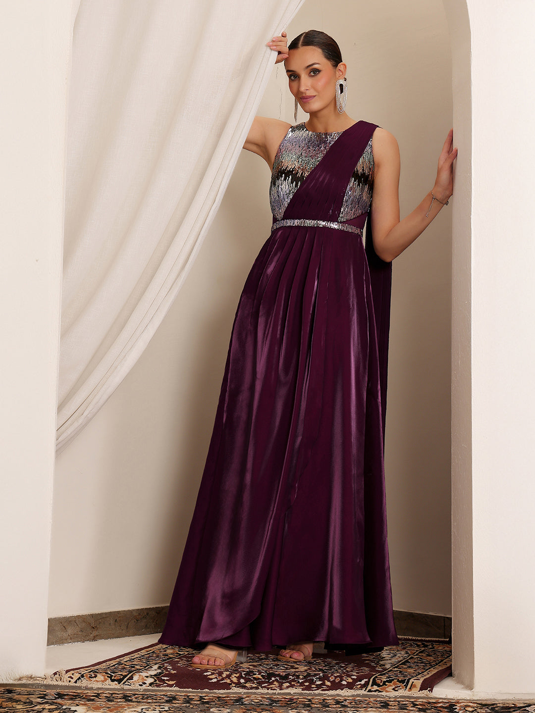 Women's Dark Purple Round Neck Sleeveless Embellished Layered Satin Maxi Dress