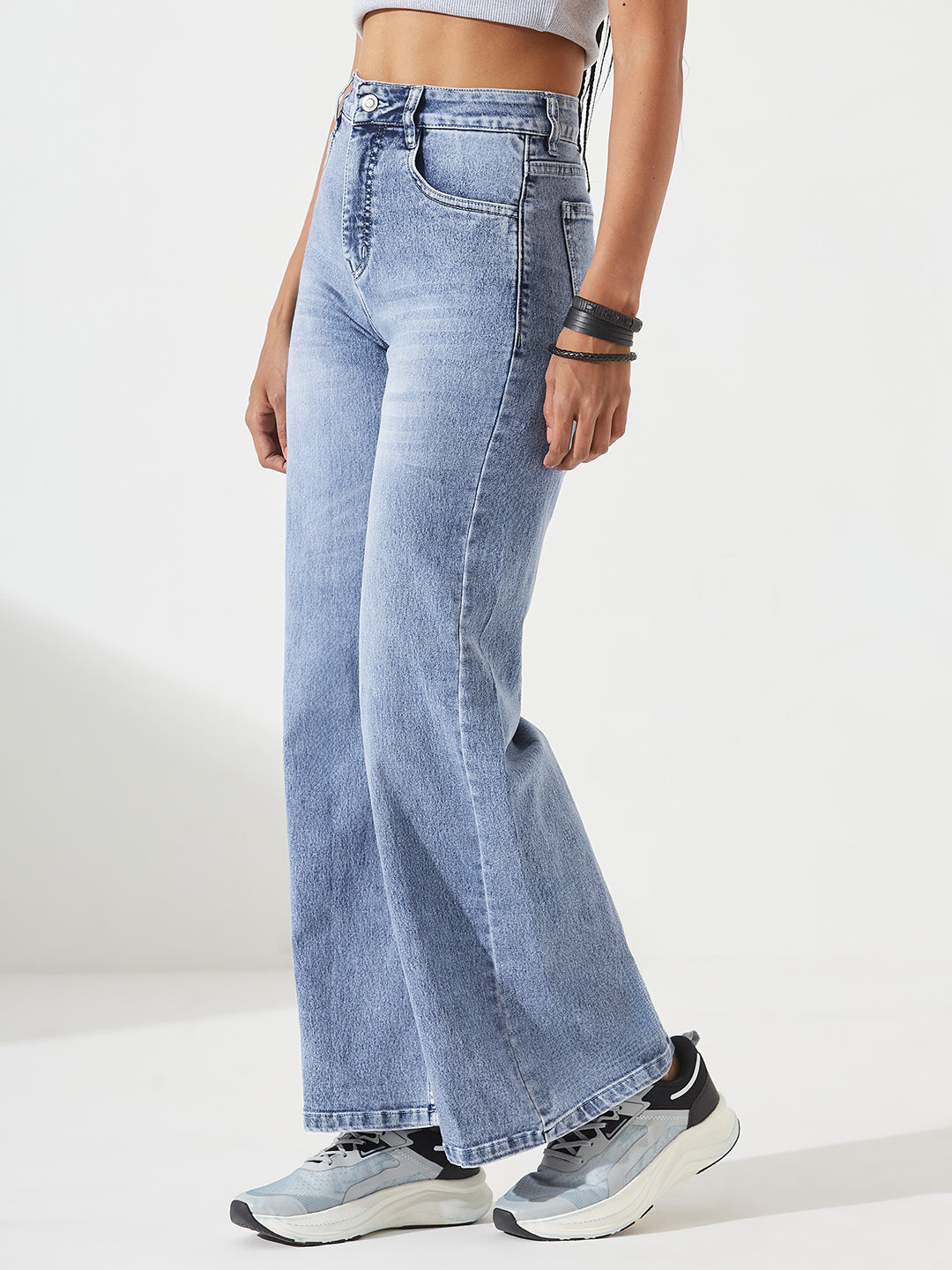 Light Blue High-Rise Stretchable Denim Wide Leg Shaping Jeans For Women