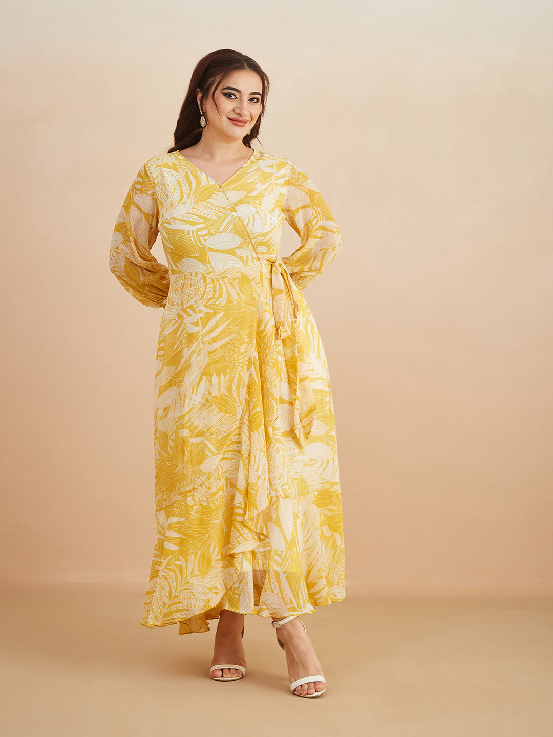 Yellow & White V neck Full sleeve Floral Layered Maxi Dress for Women