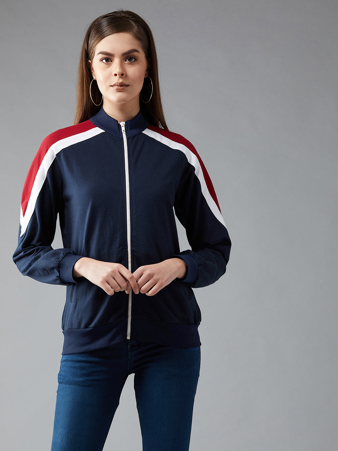 Women's Multicoloured-Base-Navy Blue Turtle-neck Full sleeves Solid Color-Block Regular Jacket