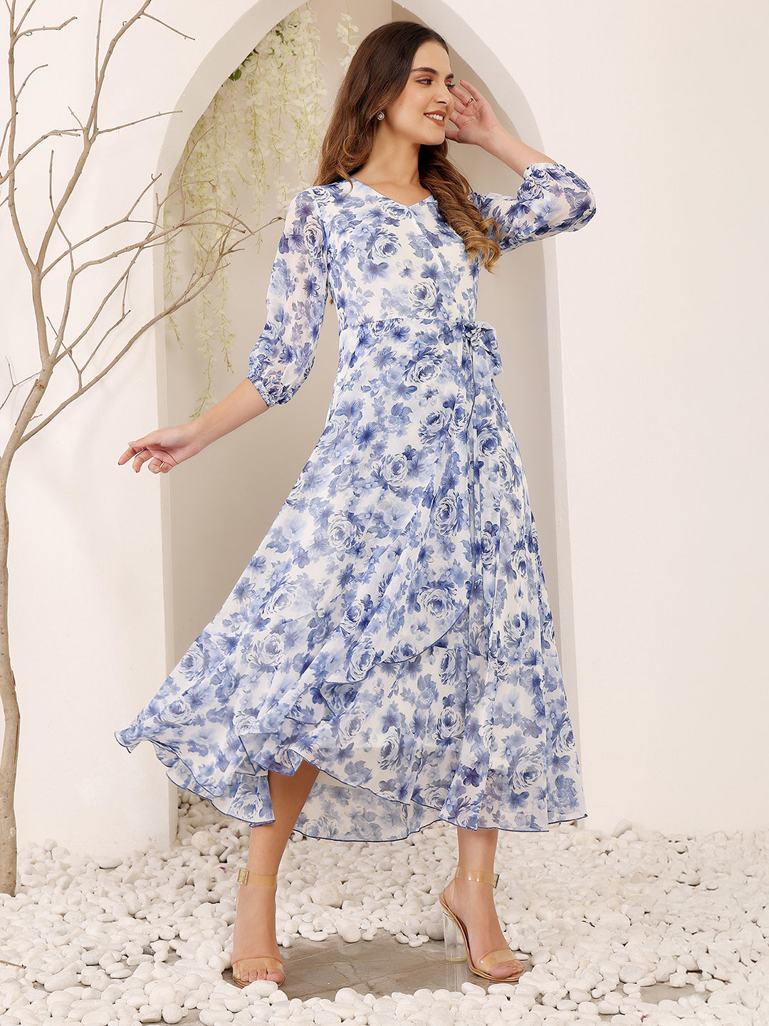 Women's Multicolored-Base-White V-Neck Three-Quarter Sleeve Floral Wrap Chiffon Midi Dress