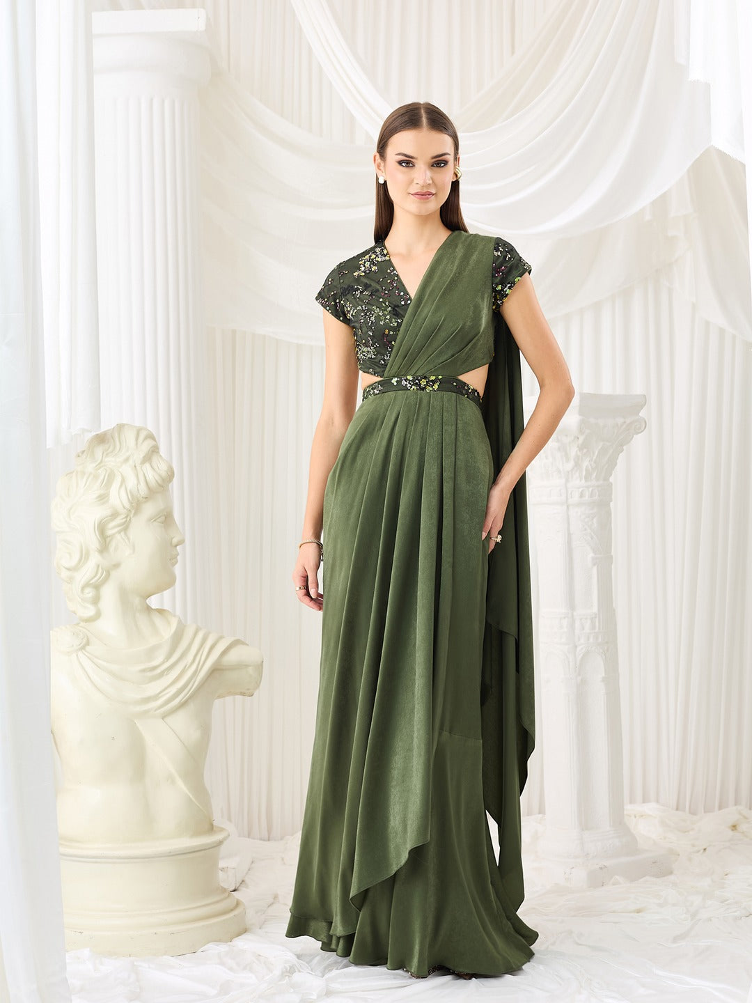 Olive V-Neck Short-Sleeve Embellished Draped Maxi Velvet Dress for Women