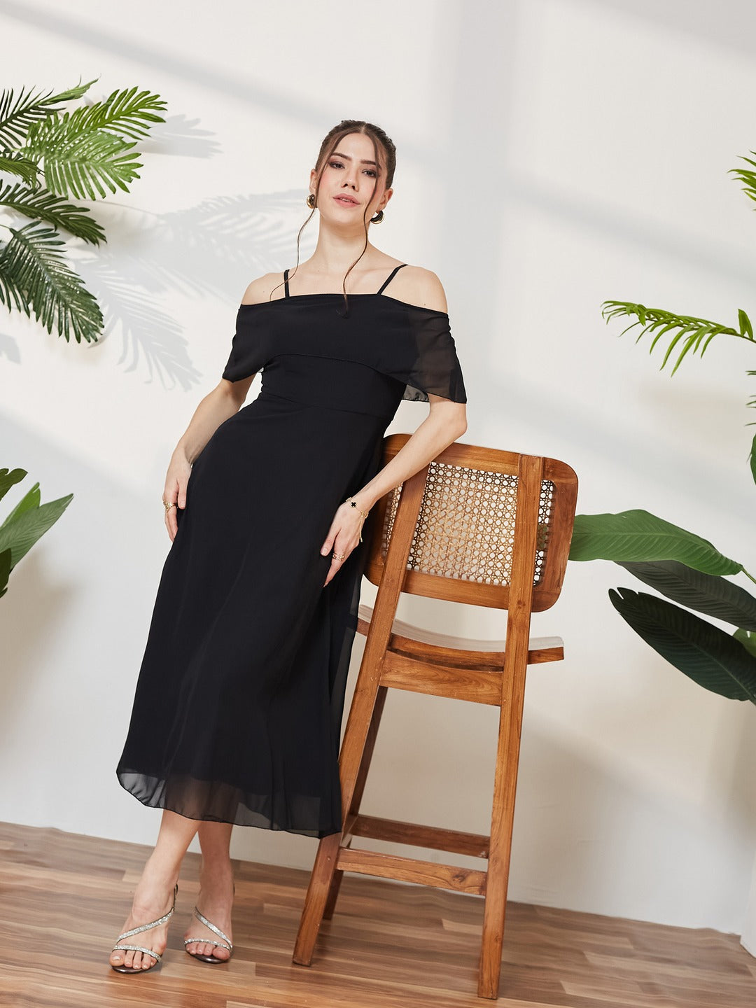 Black Bardot Style Sleeveless Spaghetti Strap Solid Off Shoulder Midi Skater Dress for Women