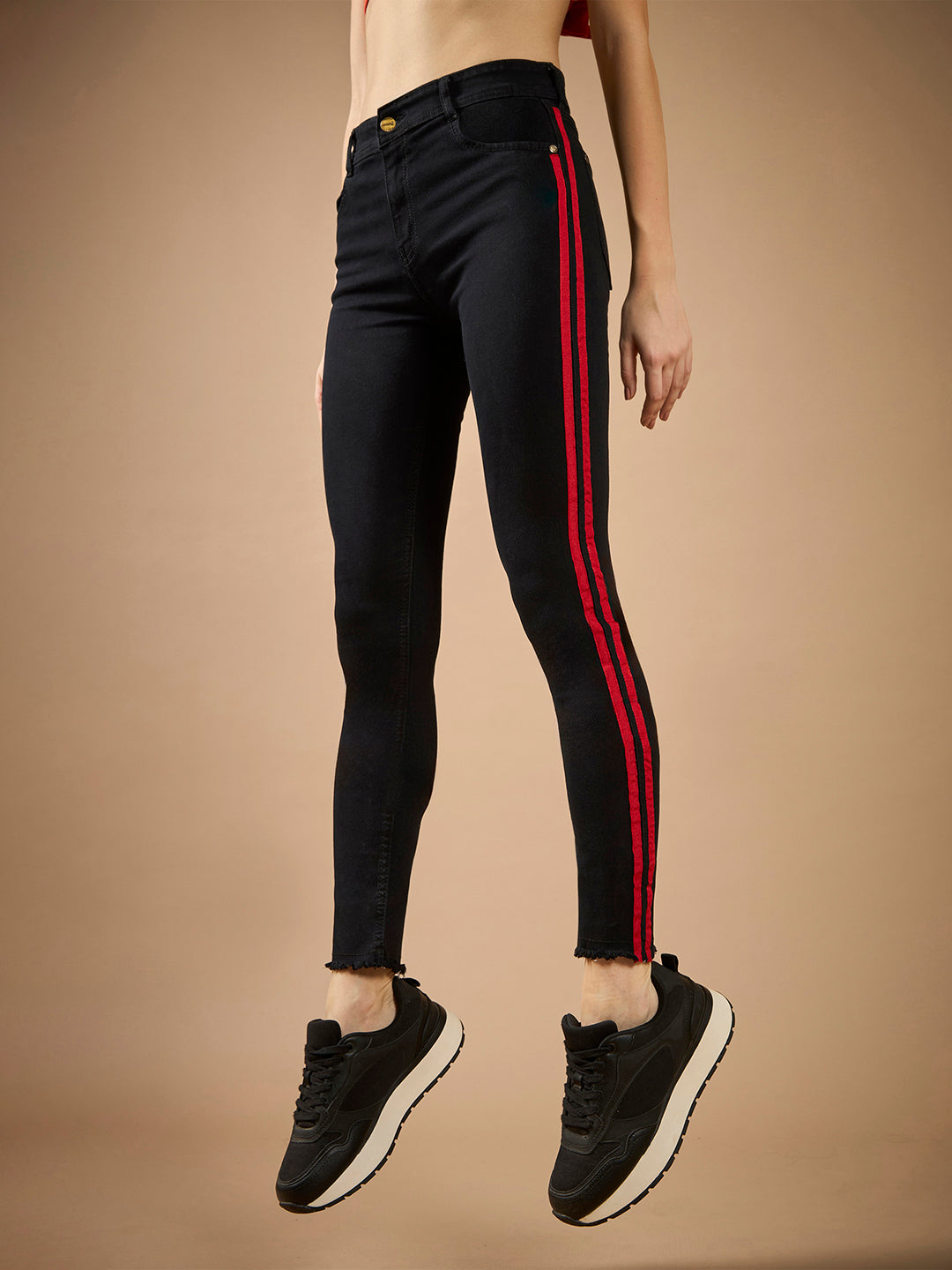 Women's Black Slim Fit High-Rise Clean-Look Regular-Length twill Tape Detailing Stretchable Denim Jeans