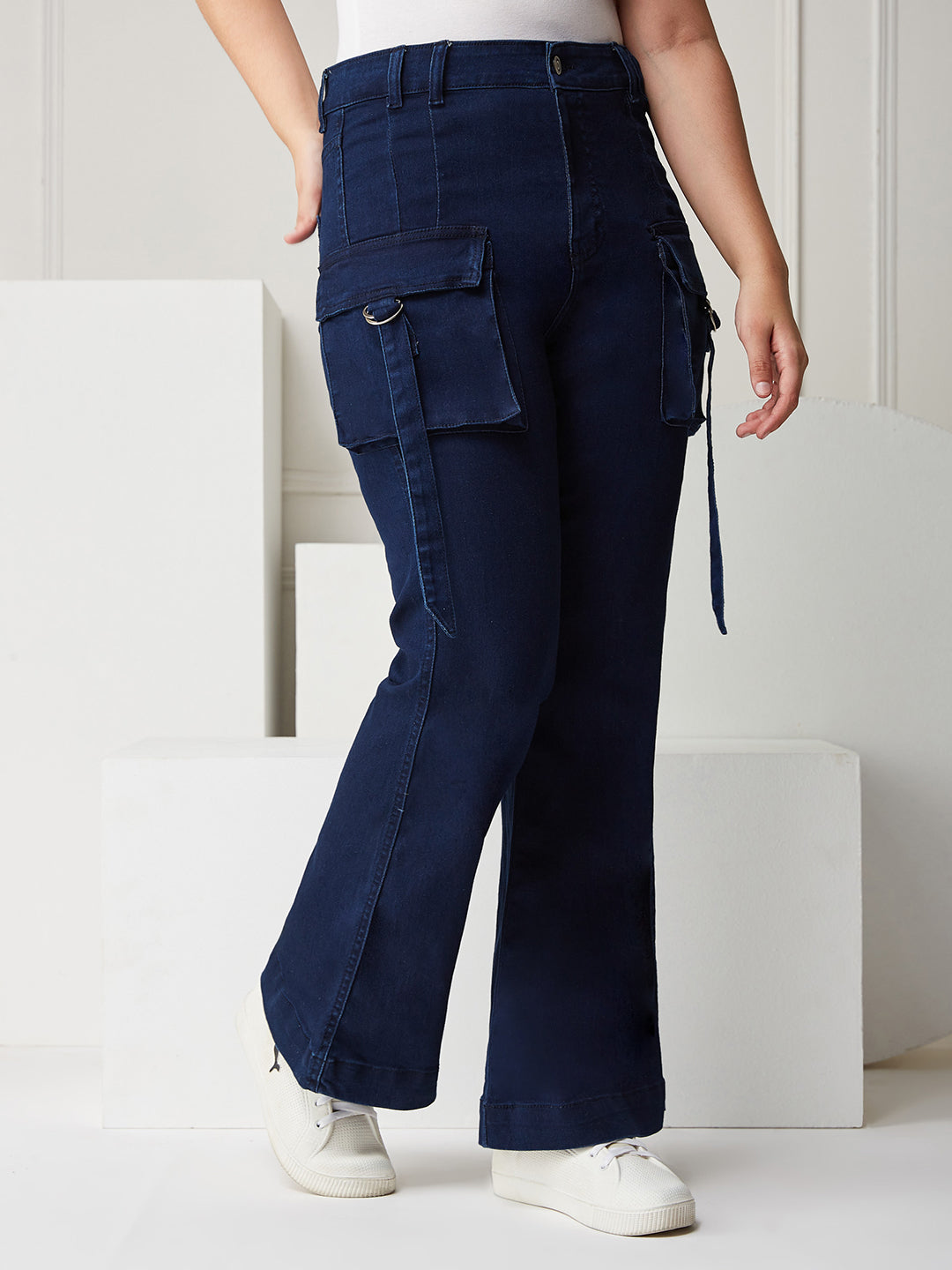 Women's Navy Blue Bootcut Cargo High Rise Stretchable Denim Jeans