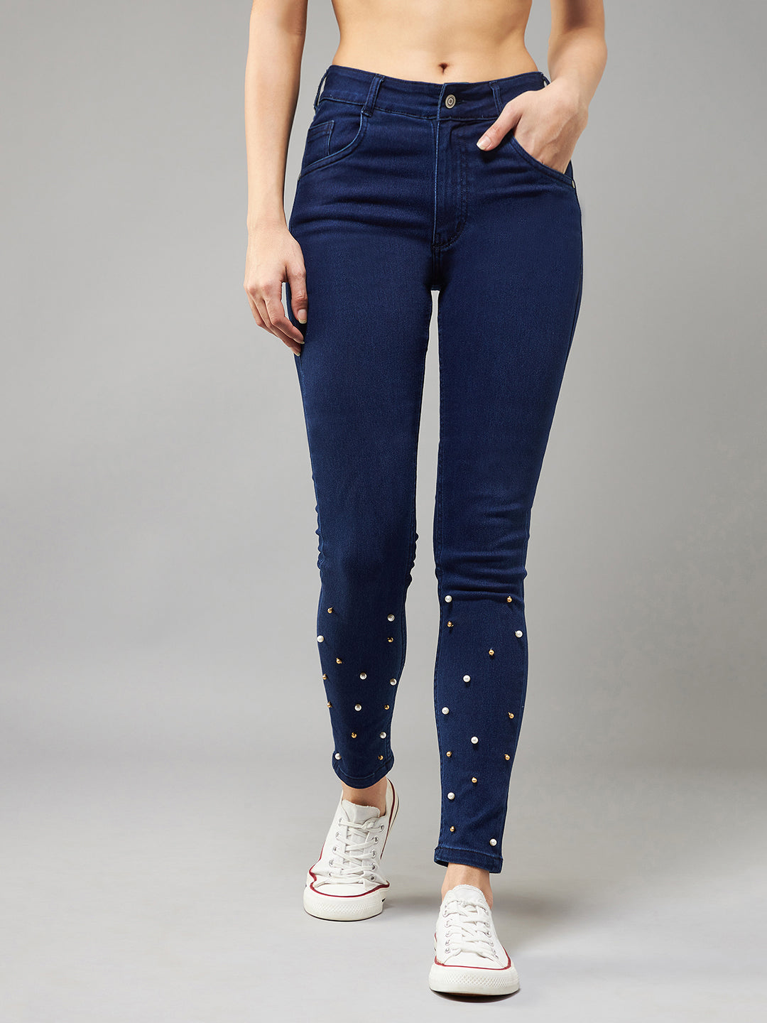 Women's Navy Blue Skinny Fit High Rise Pearl Embellished Denim Stretchable Jeans