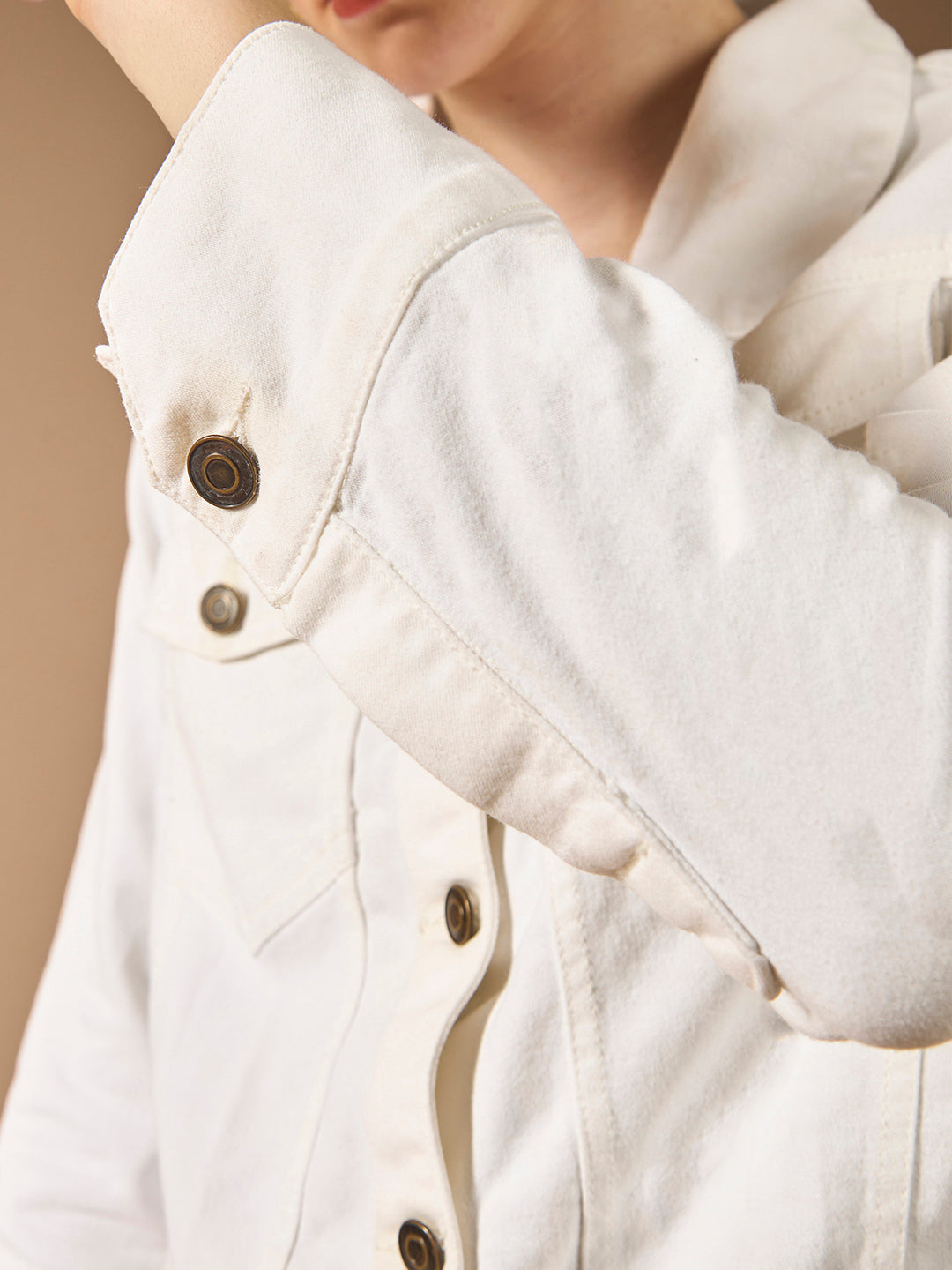 Women's White Polo Neck Full Sleeves Denim Solid Cropped Jacket