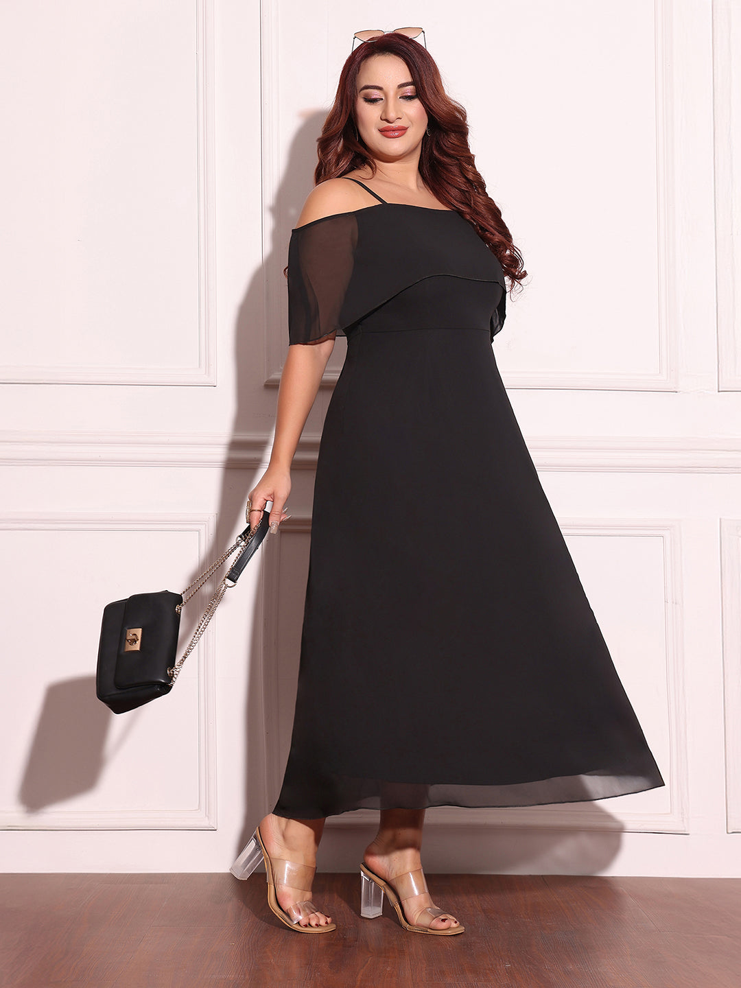 Women's Black Bardot Style Sleeveless Spaghetti-Straps Solid Off-Shoulder Midi Skater Dress
